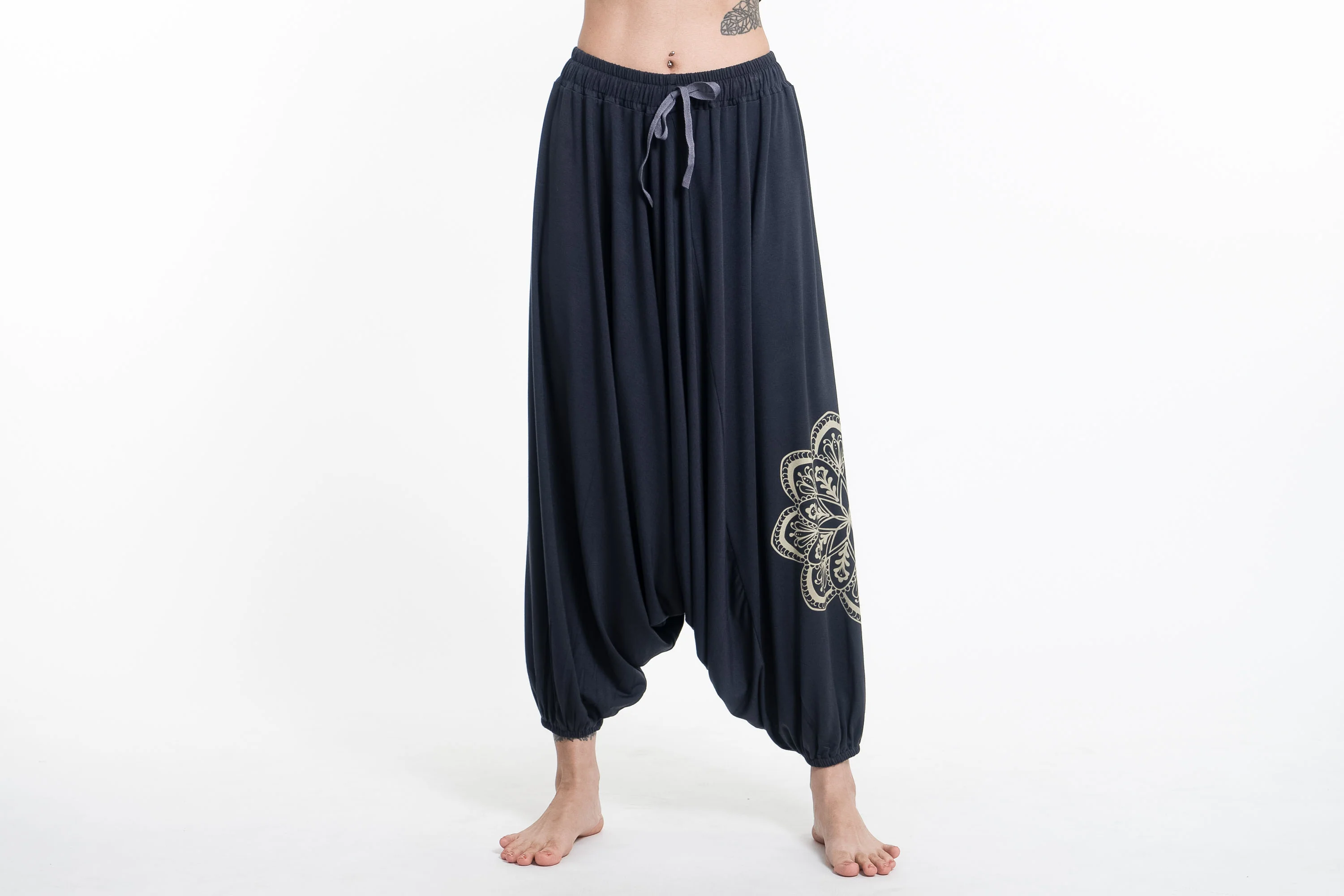 Mandala Print Drawstring Low Cut Harem Pants Cotton Spandex in Gray - Image 2