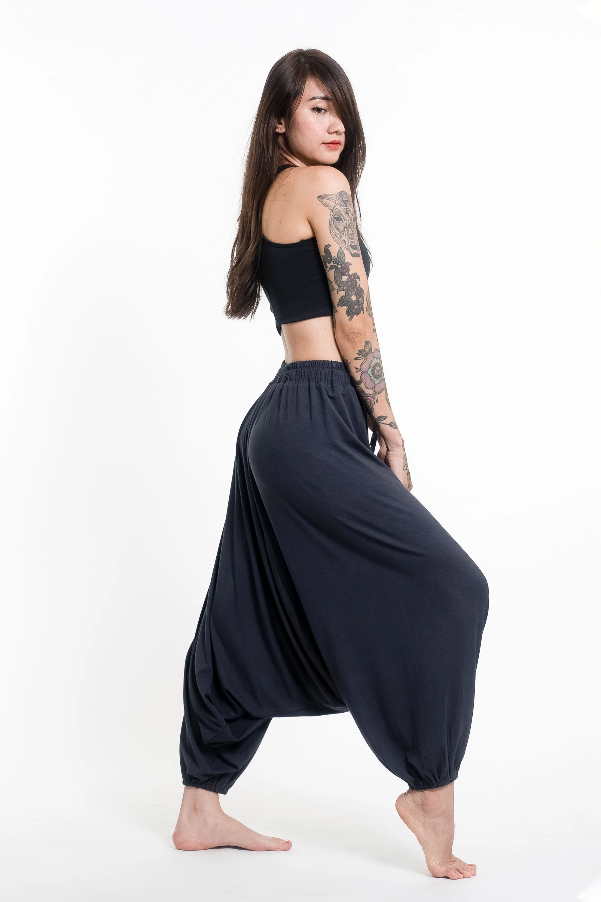 Mandala Print Drawstring Low Cut Harem Pants Cotton Spandex in Gray - Image 3