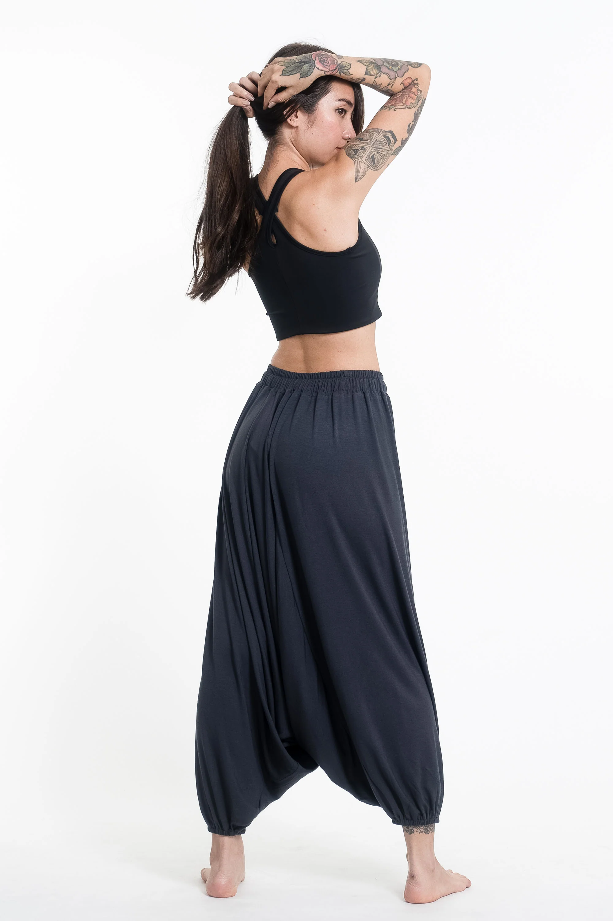 Mandala Print Drawstring Low Cut Harem Pants Cotton Spandex in Gray - Image 4