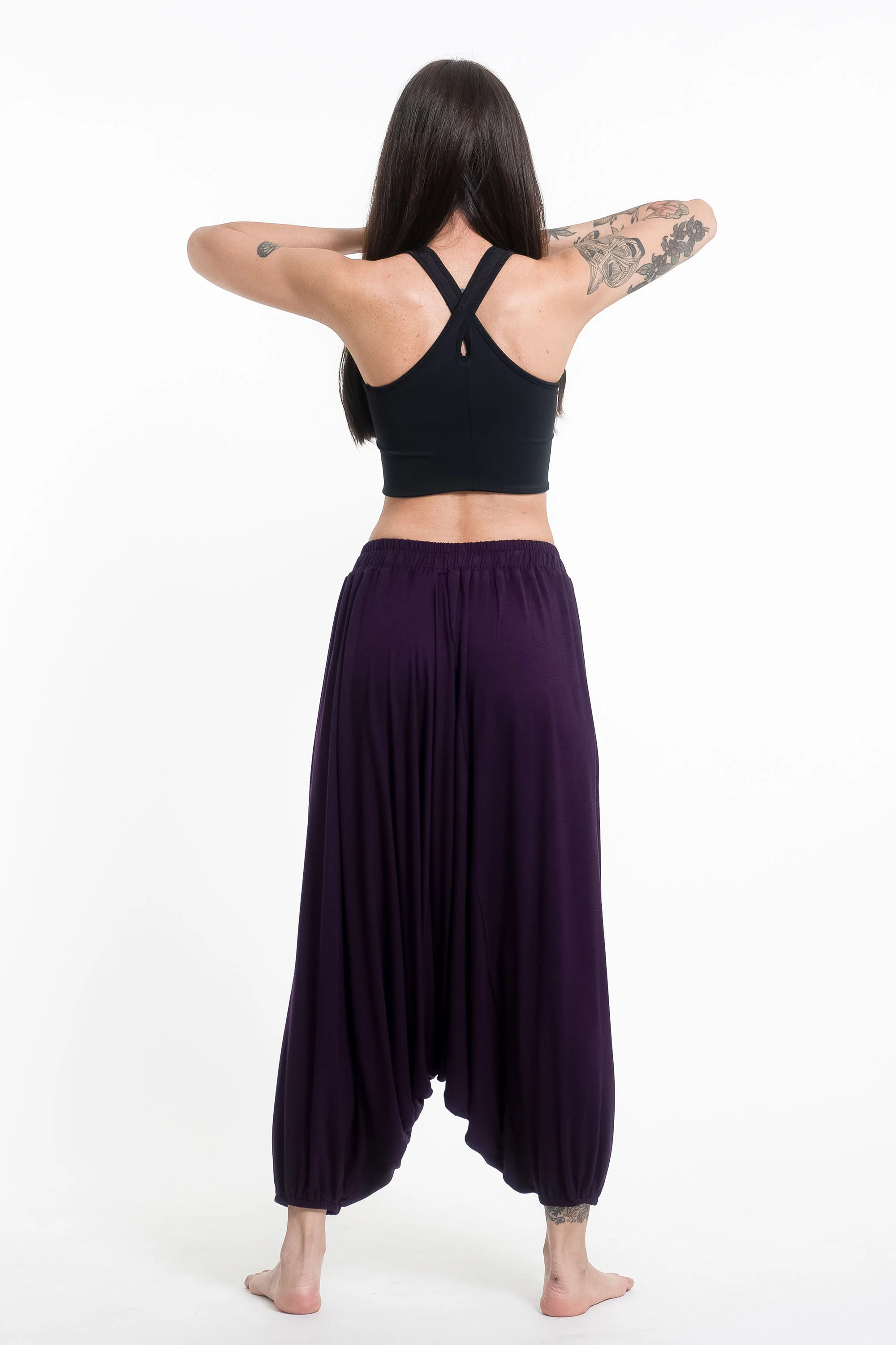 Mandala Print Drawstring Low Cut Harem Pants Cotton Spandex in Purple - Image 4