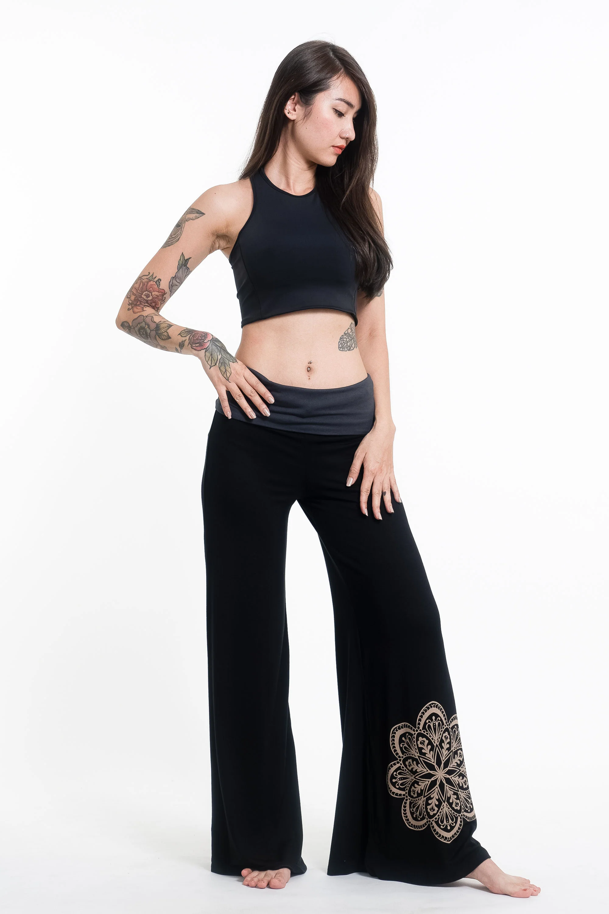 Mandala Print Wide Leg Palazzo Harem Pants Cotton Spandex in Black