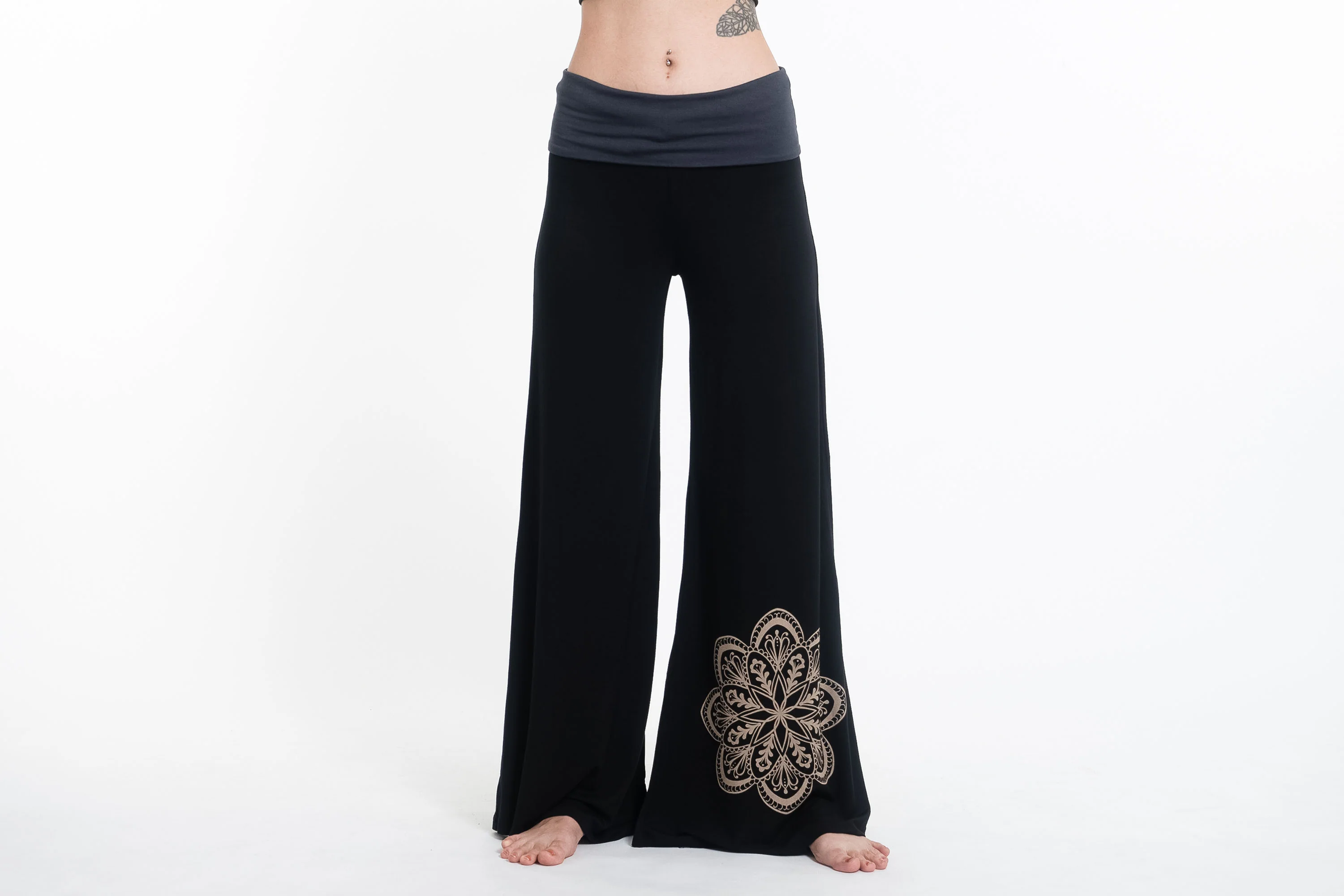 Mandala Print Wide Leg Palazzo Harem Pants Cotton Spandex in Black - Image 2