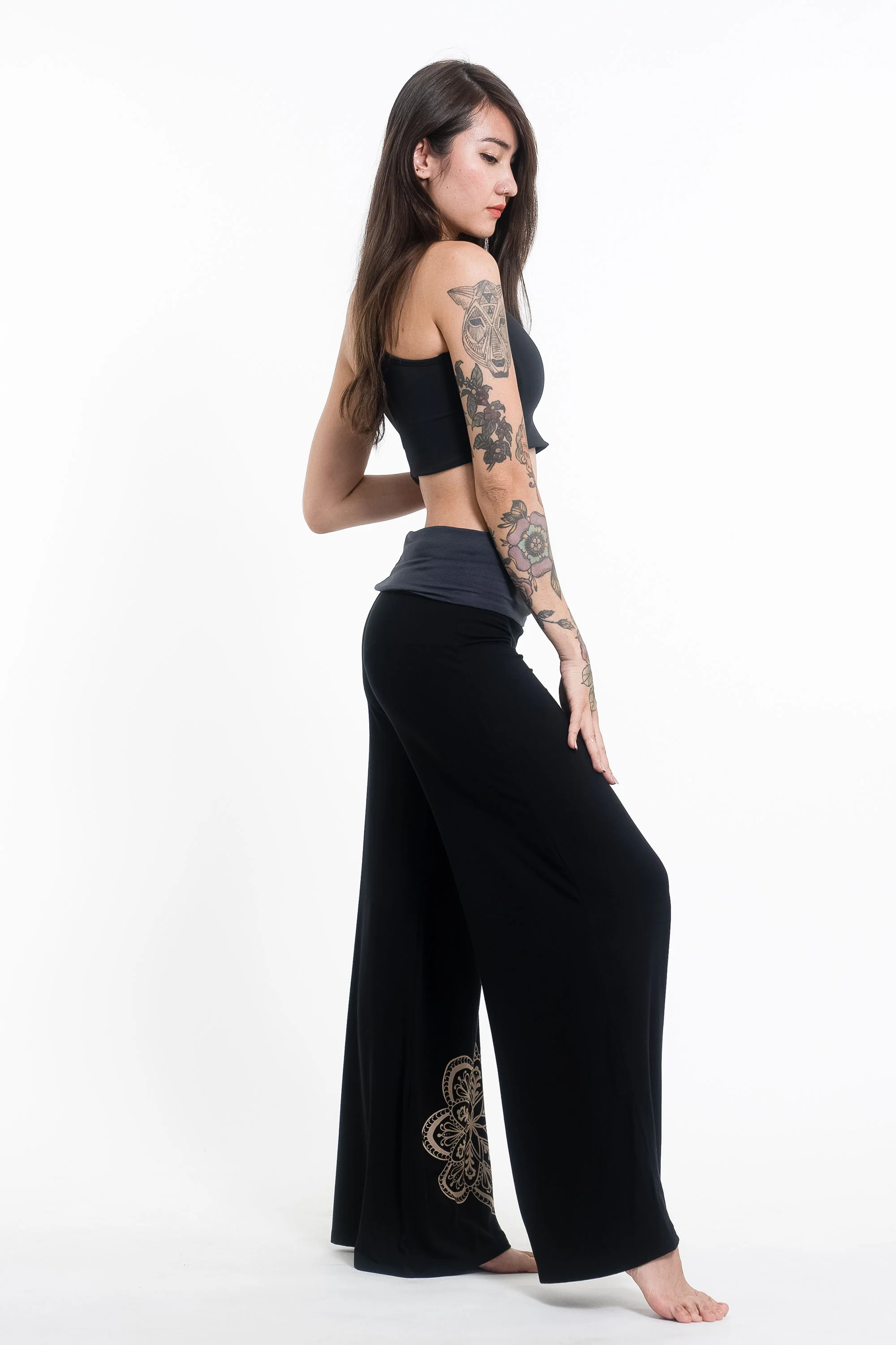 Mandala Print Wide Leg Palazzo Harem Pants Cotton Spandex in Black - Image 3