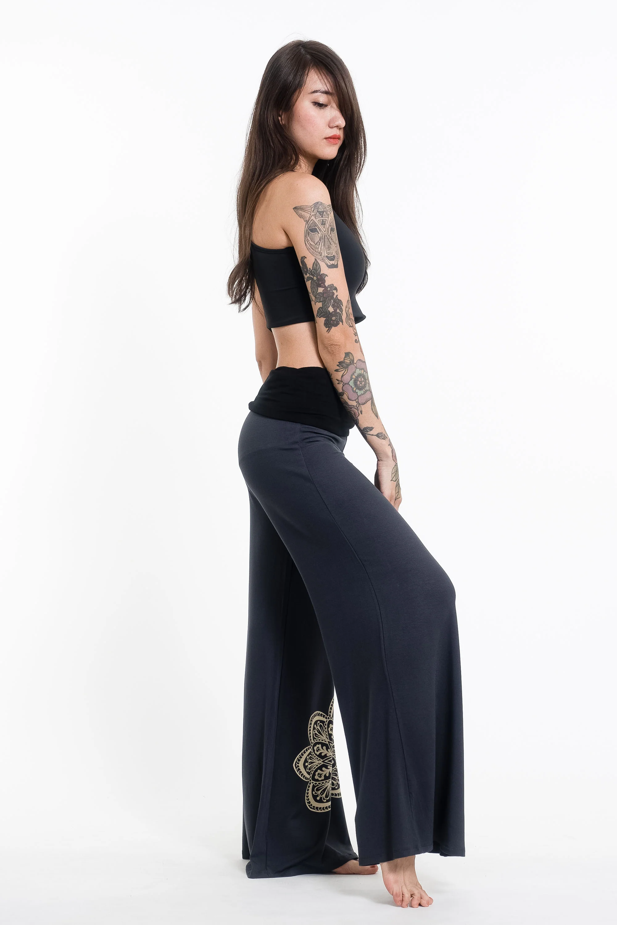 Mandala Print Wide Leg Palazzo Harem Pants Cotton Spandex in Gray - Image 3