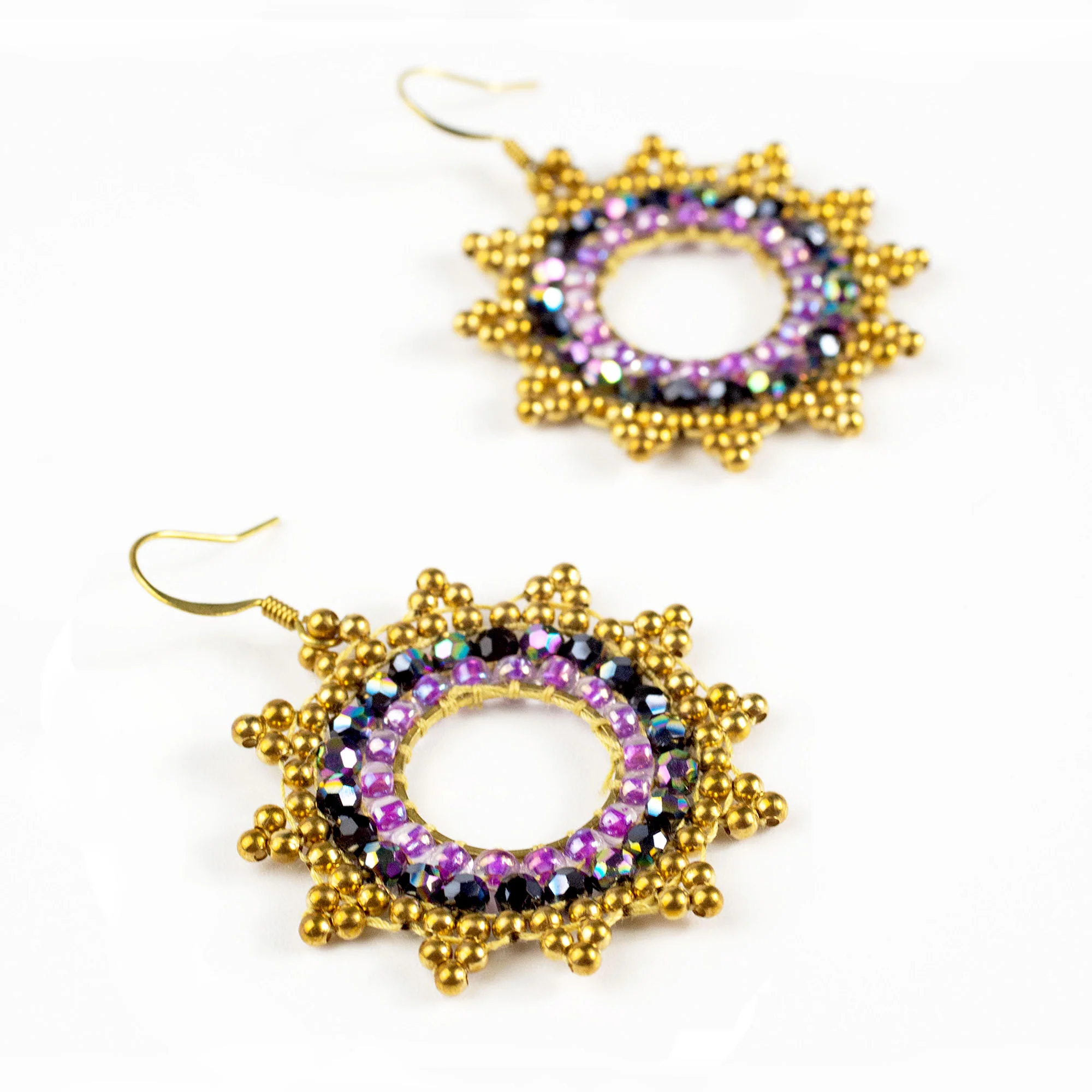 Mandala Purple Beads Brass Earrings - Image 3