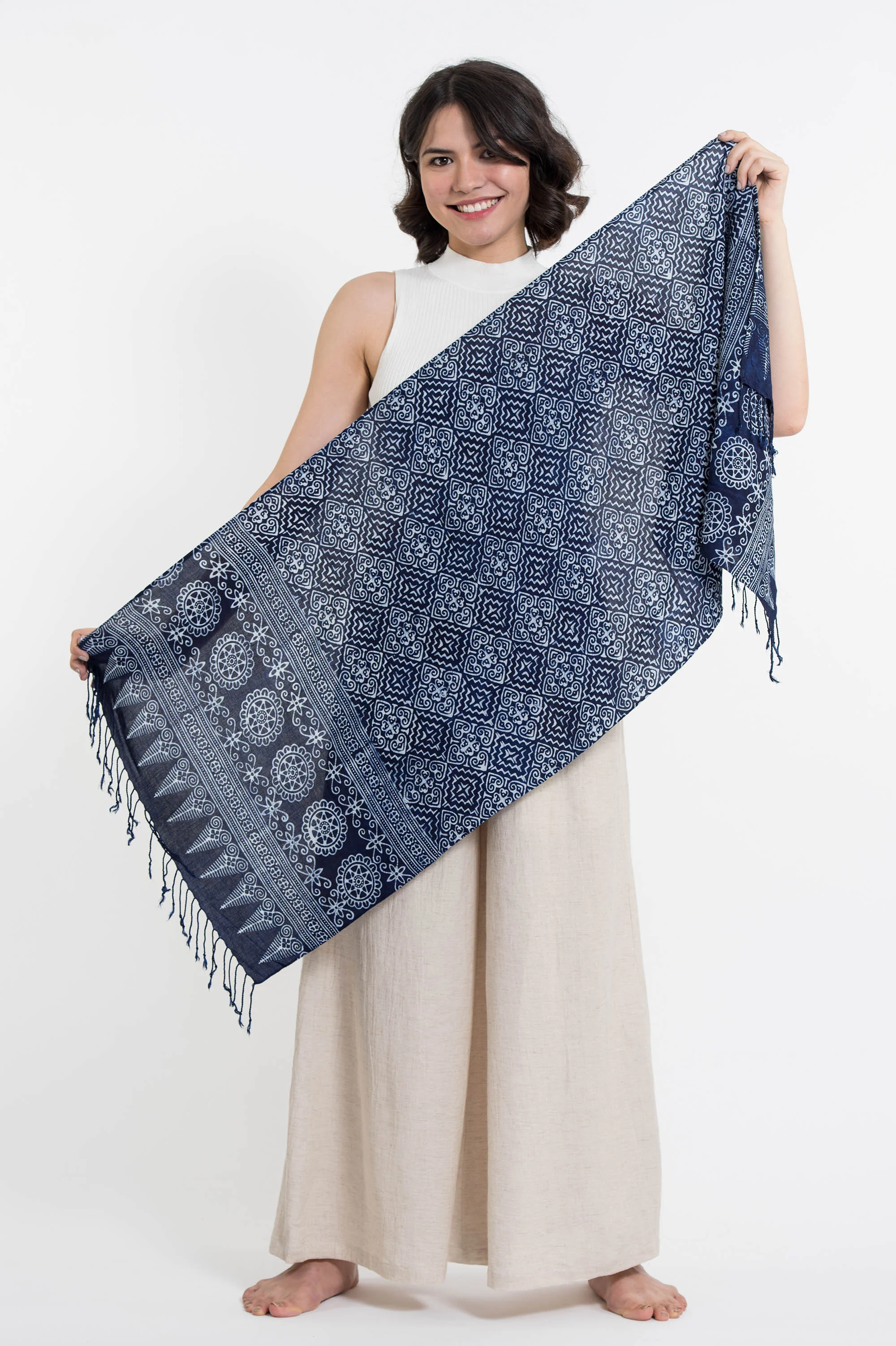 Mandalas Print Hmong Indigo Batik Shawl Scarf - Image 3