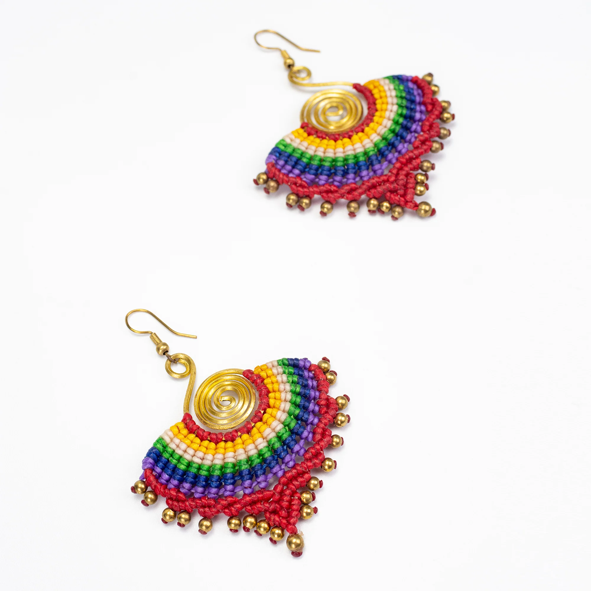 Maroon Rainbow Waxed String Spiral Brass Earrings - Image 2