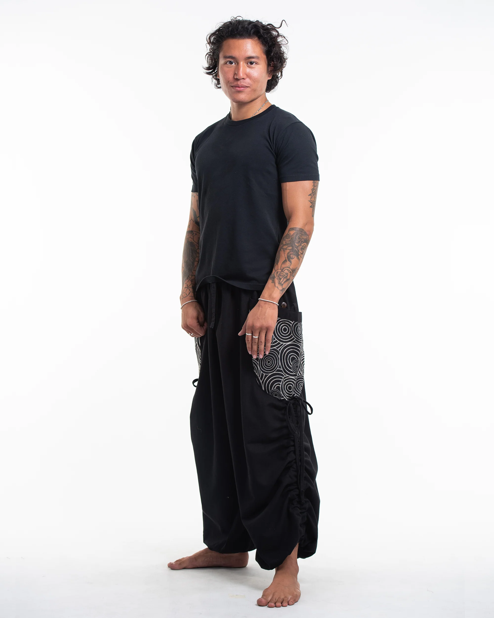 Men's Cotton Pants with Swirls Prints Pocket in Black - Image 3