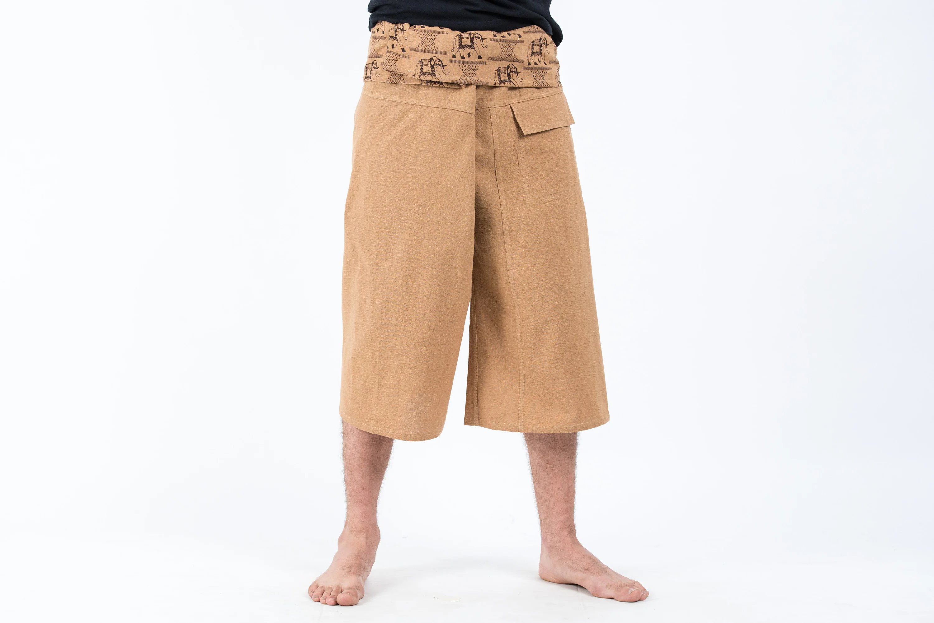 Men's Cropped Fisherman Pants with Pattern Waist Band in Beige - Image 2