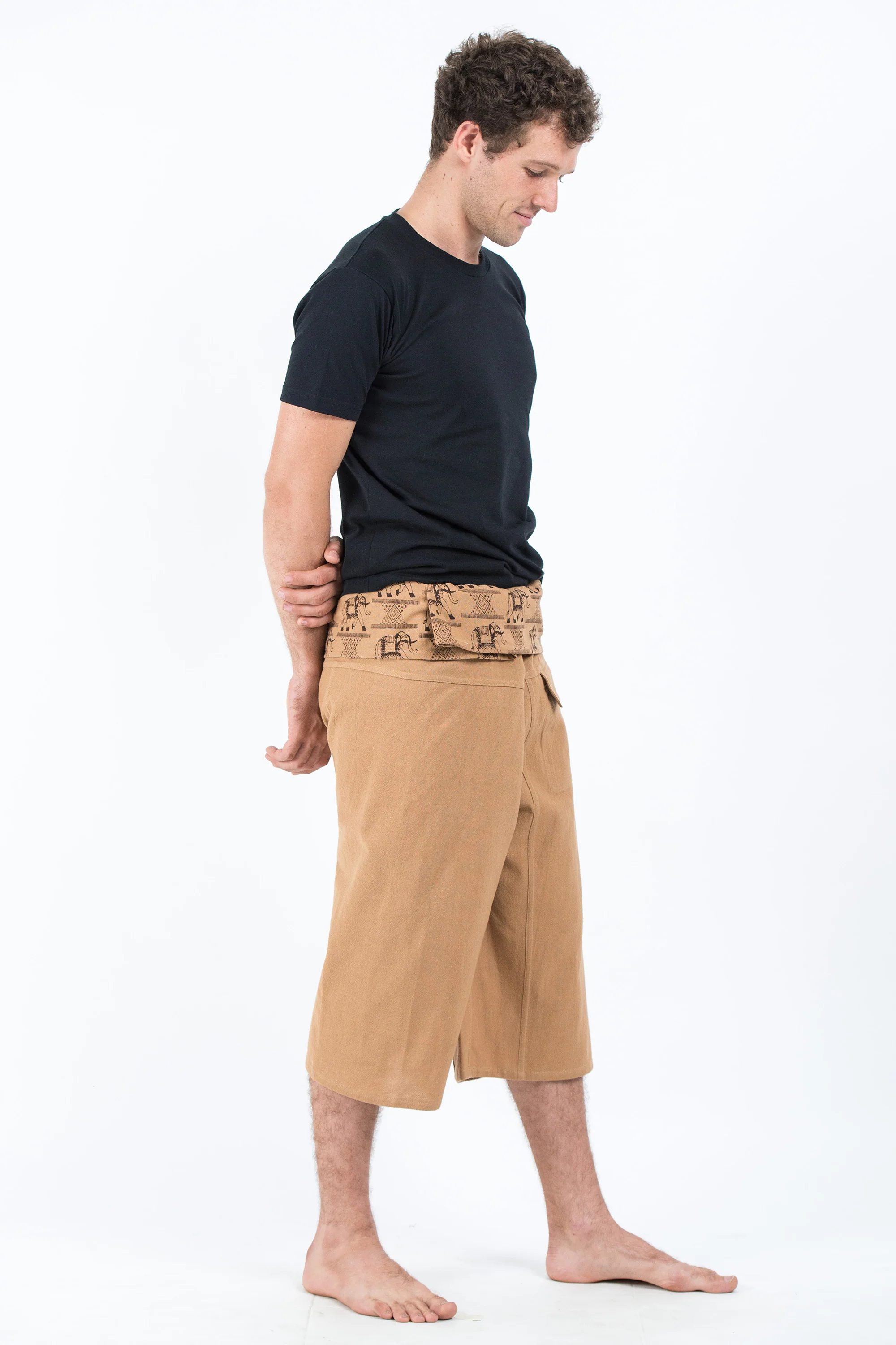 Men's Cropped Fisherman Pants with Pattern Waist Band in Beige - Image 3