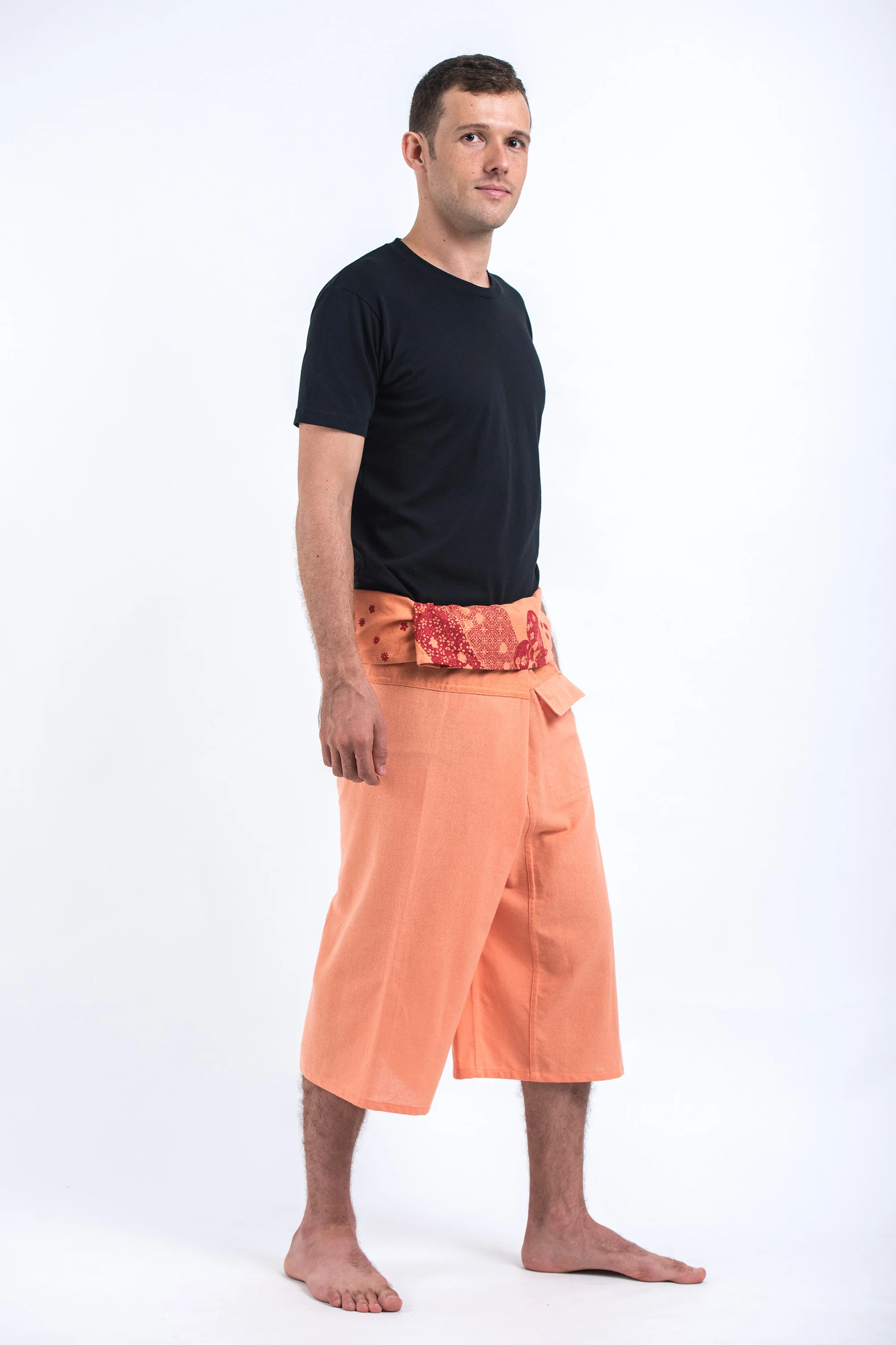 Men's Cropped Fisherman Pants with Pattern Waist Band in Light Orange - Image 3