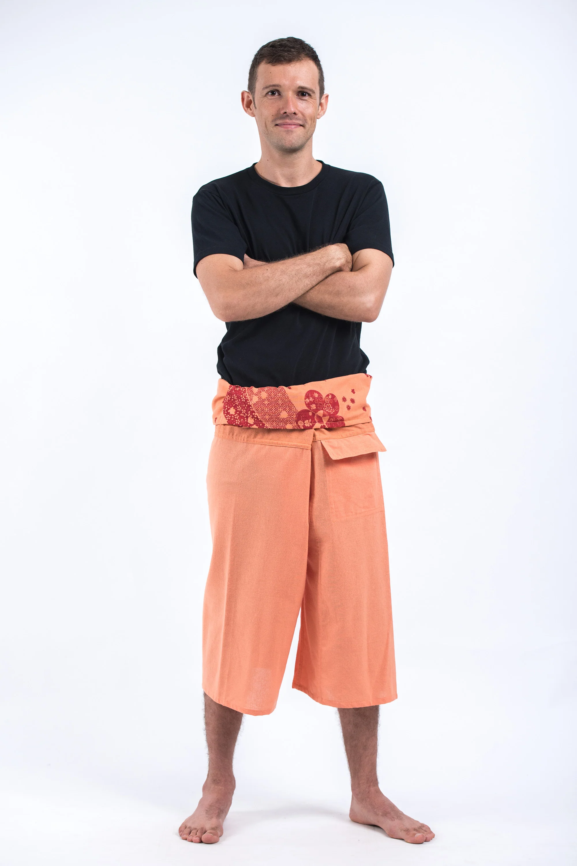 Men's Cropped Fisherman Pants with Pattern Waist Band in Light Orange - Image 4