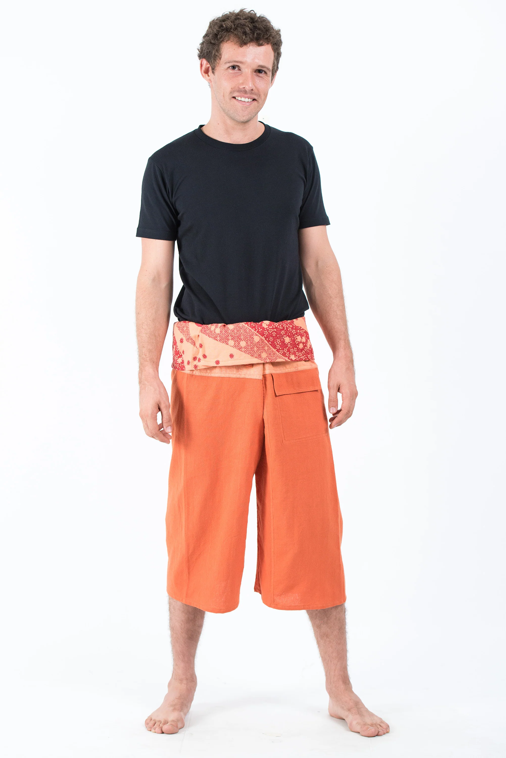 Men's Cropped Fisherman Pants with Pattern Waist Band in Orange