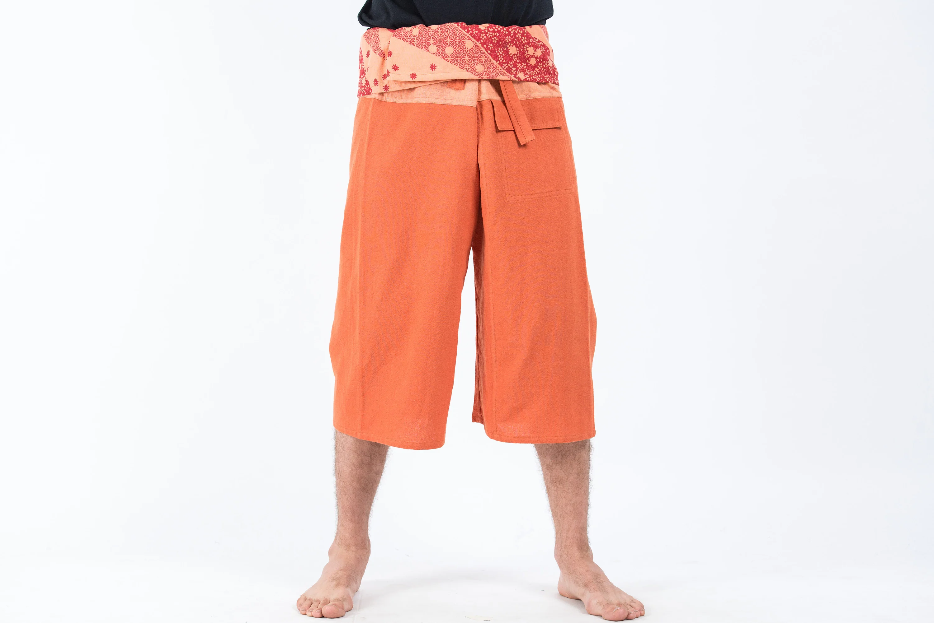 Men's Cropped Fisherman Pants with Pattern Waist Band in Orange - Image 2