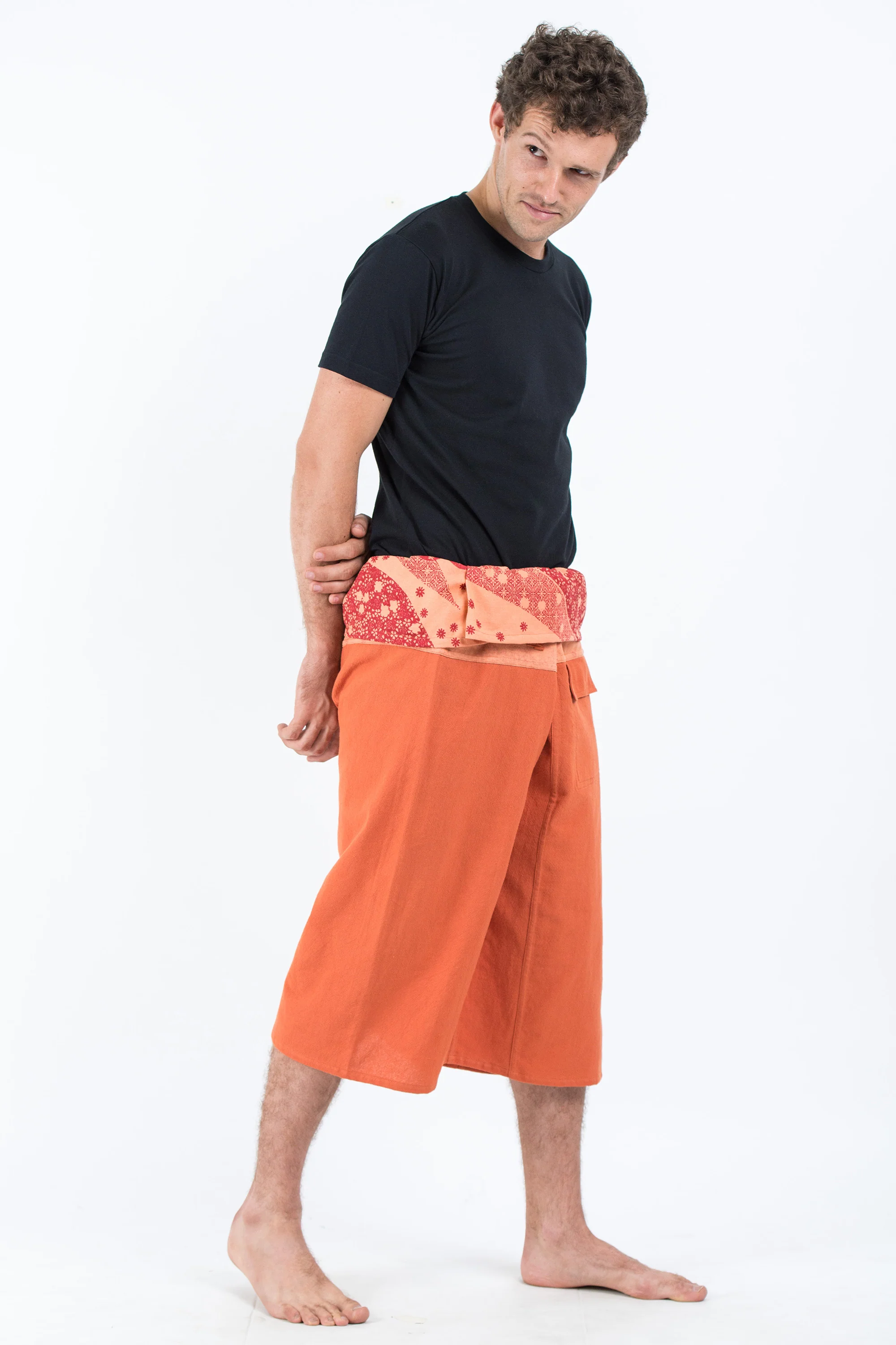 Men's Cropped Fisherman Pants with Pattern Waist Band in Orange - Image 3