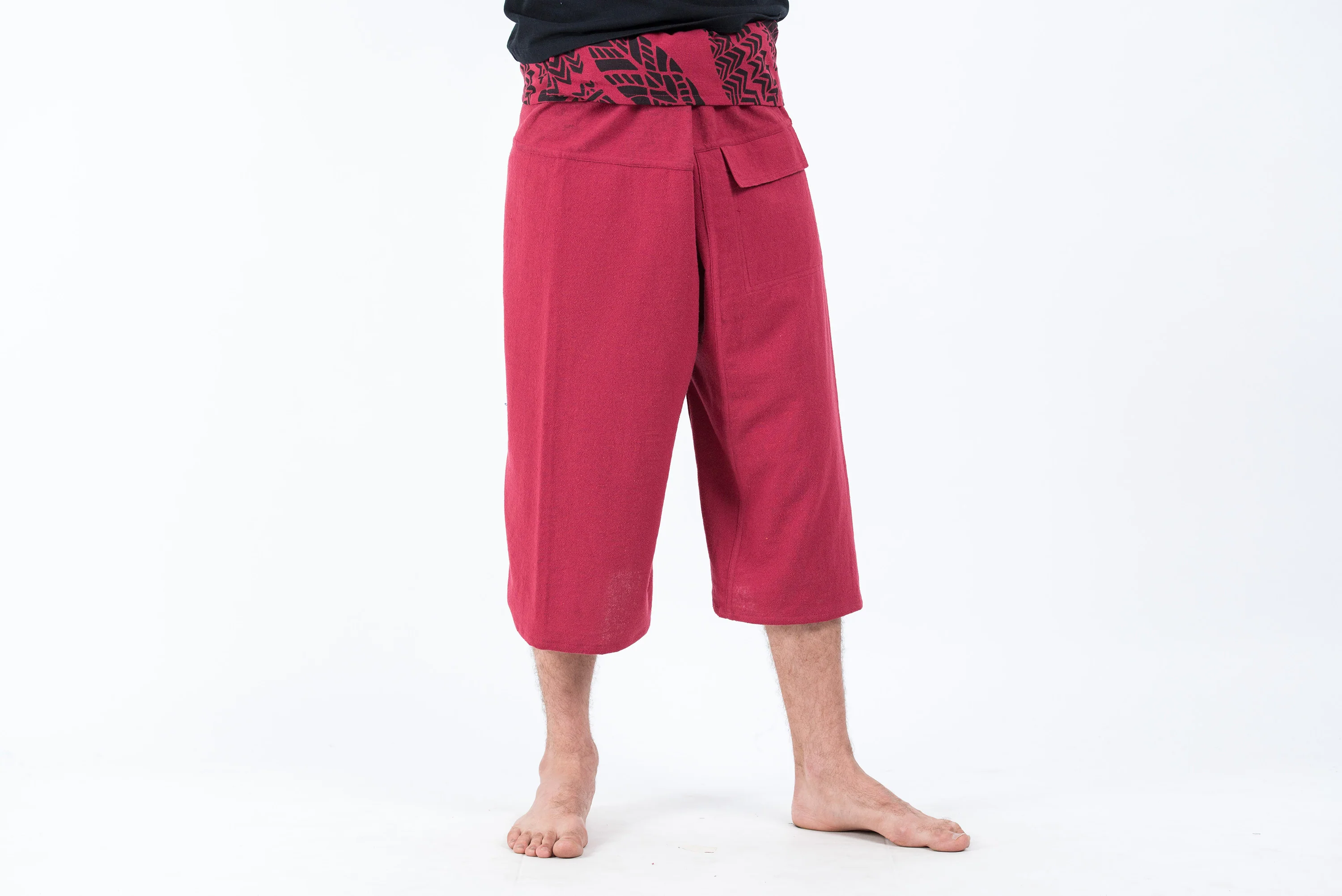 Men's Cropped Fisherman Pants with Pattern Waist Band in Red - Image 2