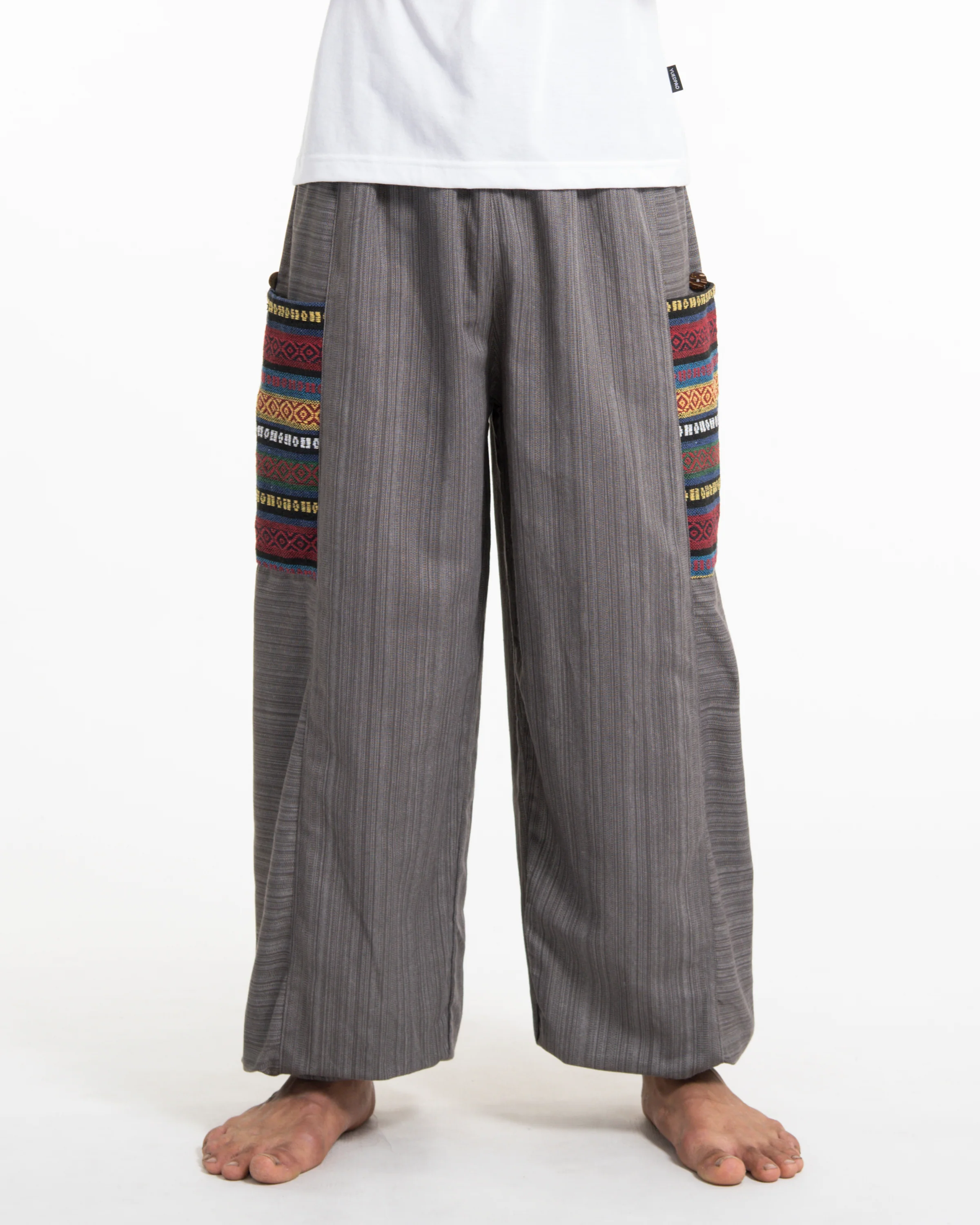 Men's Drawstring Pinstripes Cotton Pants with Aztec Pocket in Gray - Image 2