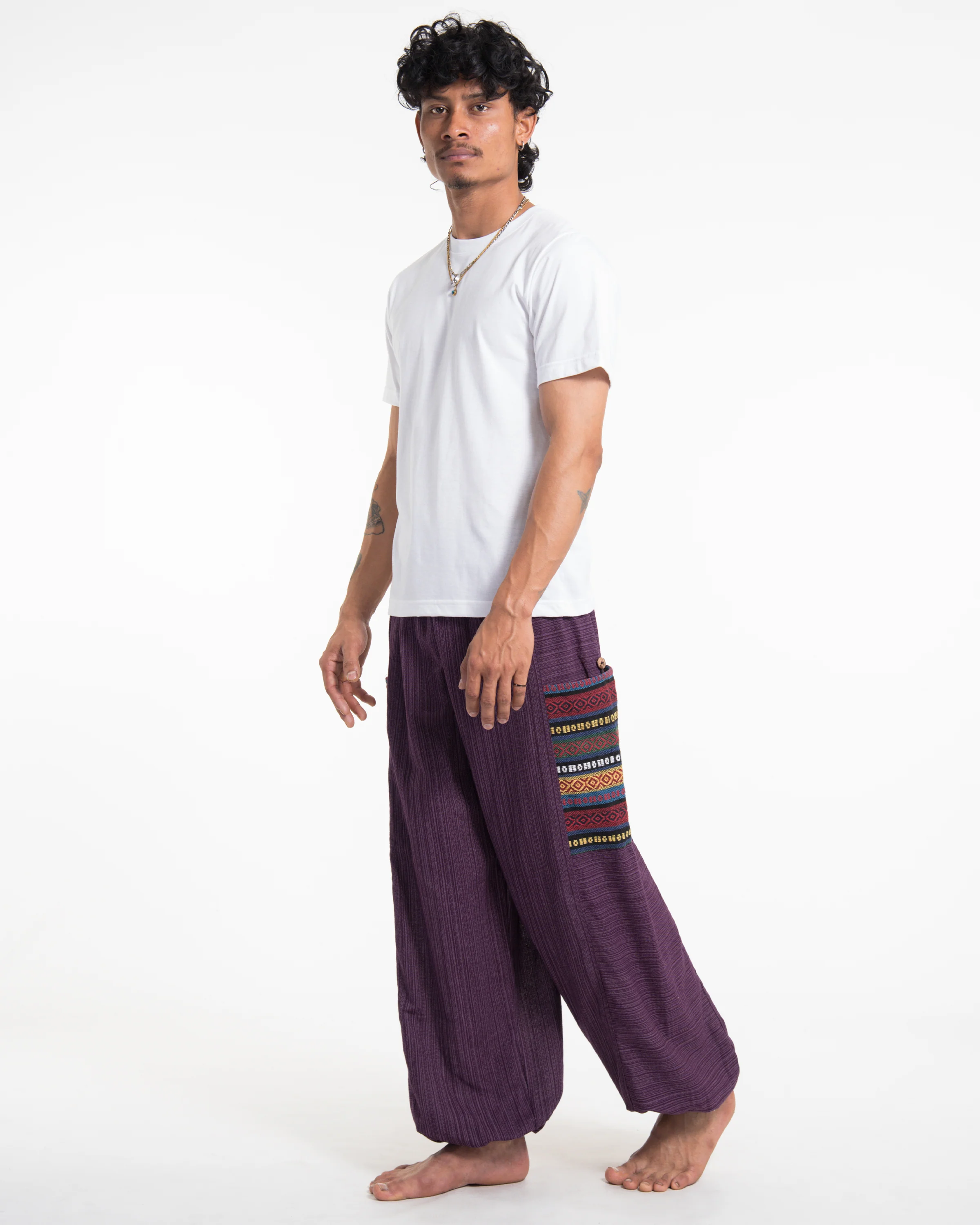 Men's Drawstring Pinstripes Cotton Pants with Aztec Pocket in Purple - Image 3