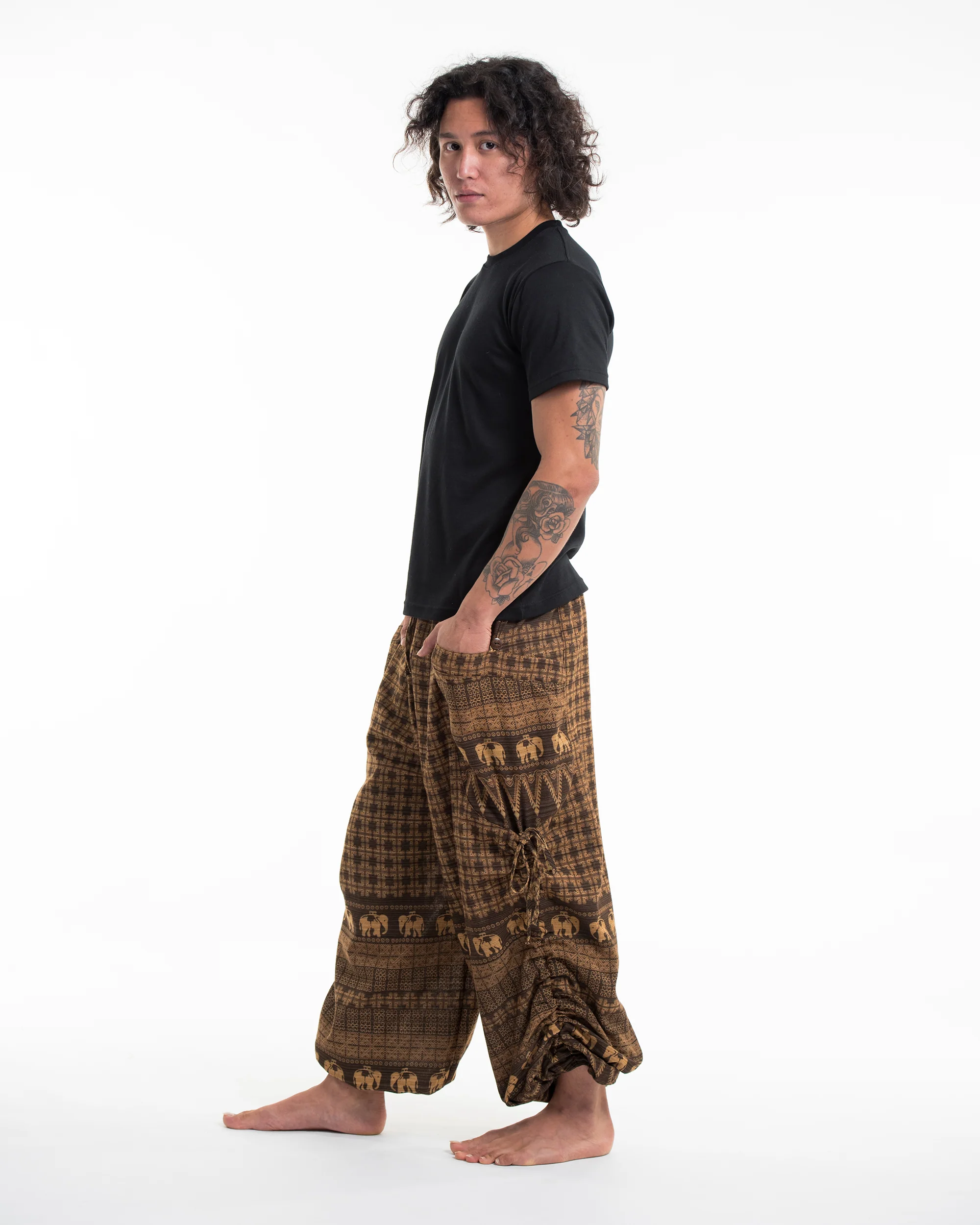 Men's Hill Tribe Cotton Elephant Pants in Brown - Image 3