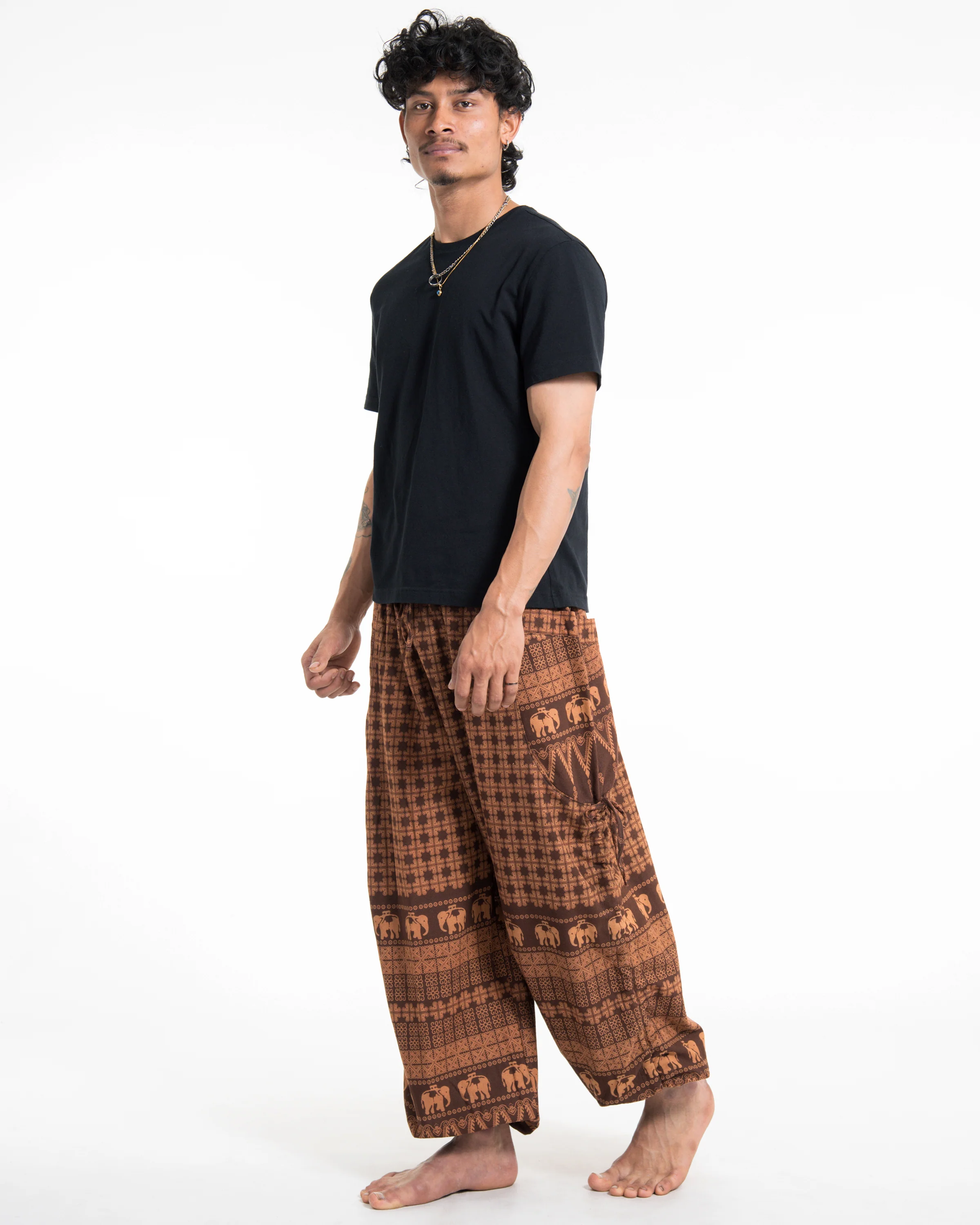 Men's Hill Tribe Cotton Elephant Pants in Brown - Image 4