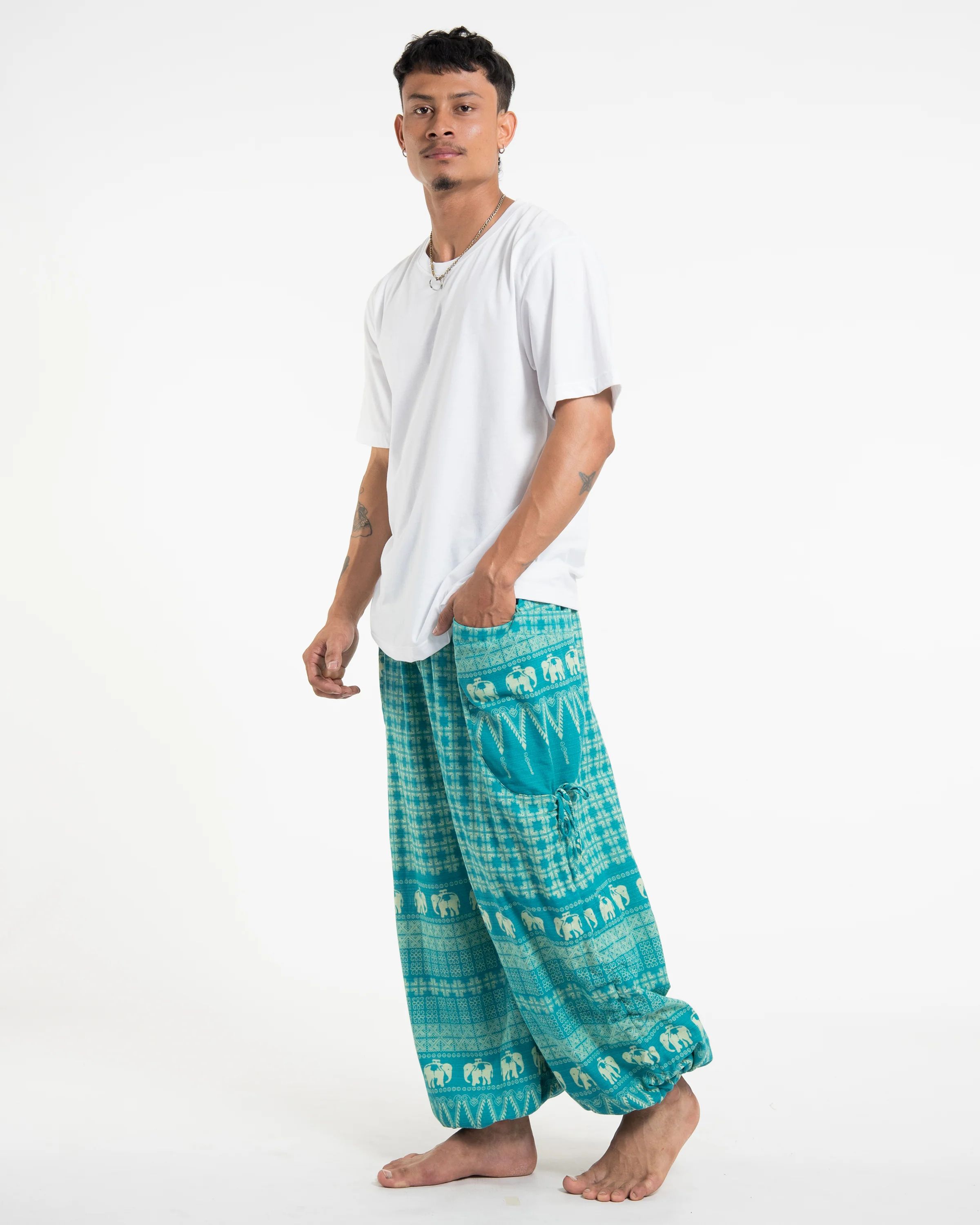 Men's Hill Tribe Cotton Elephant Pants in Turquoise - Image 5