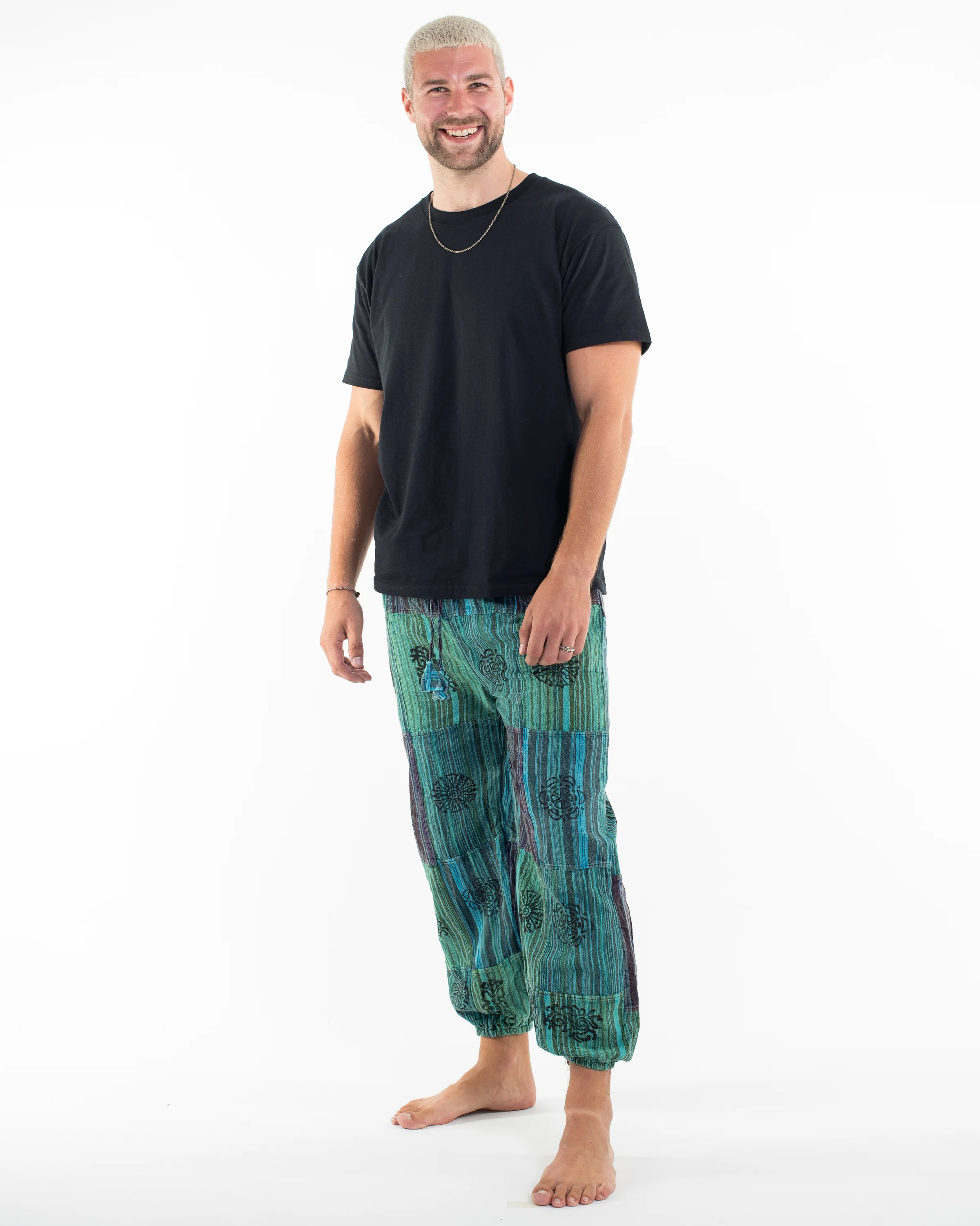 Men's Patchwork Block-Printed Harem Pants in Blue - Image 2