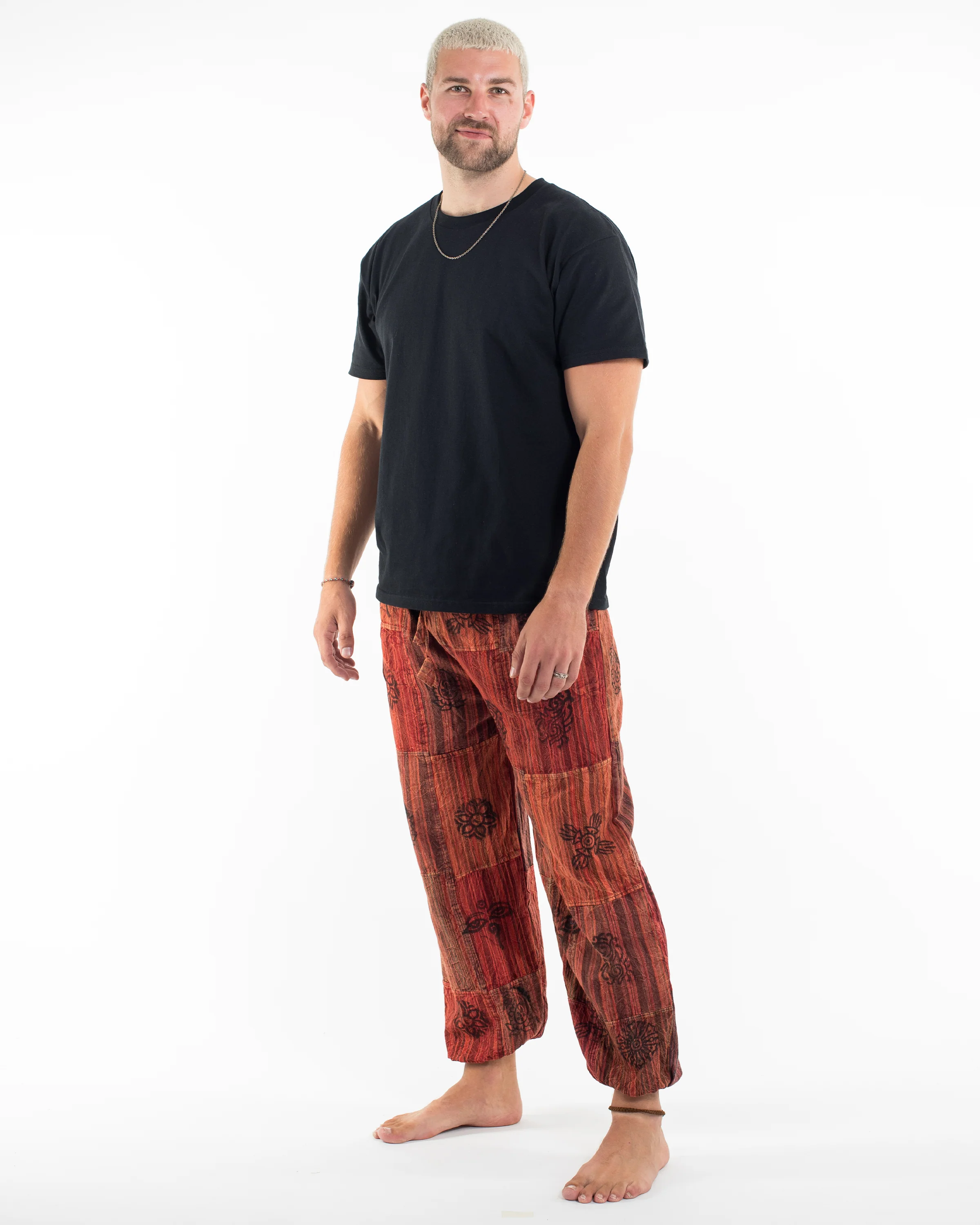 Men's Patchwork Block-Printed Harem Pants in Red - Image 2