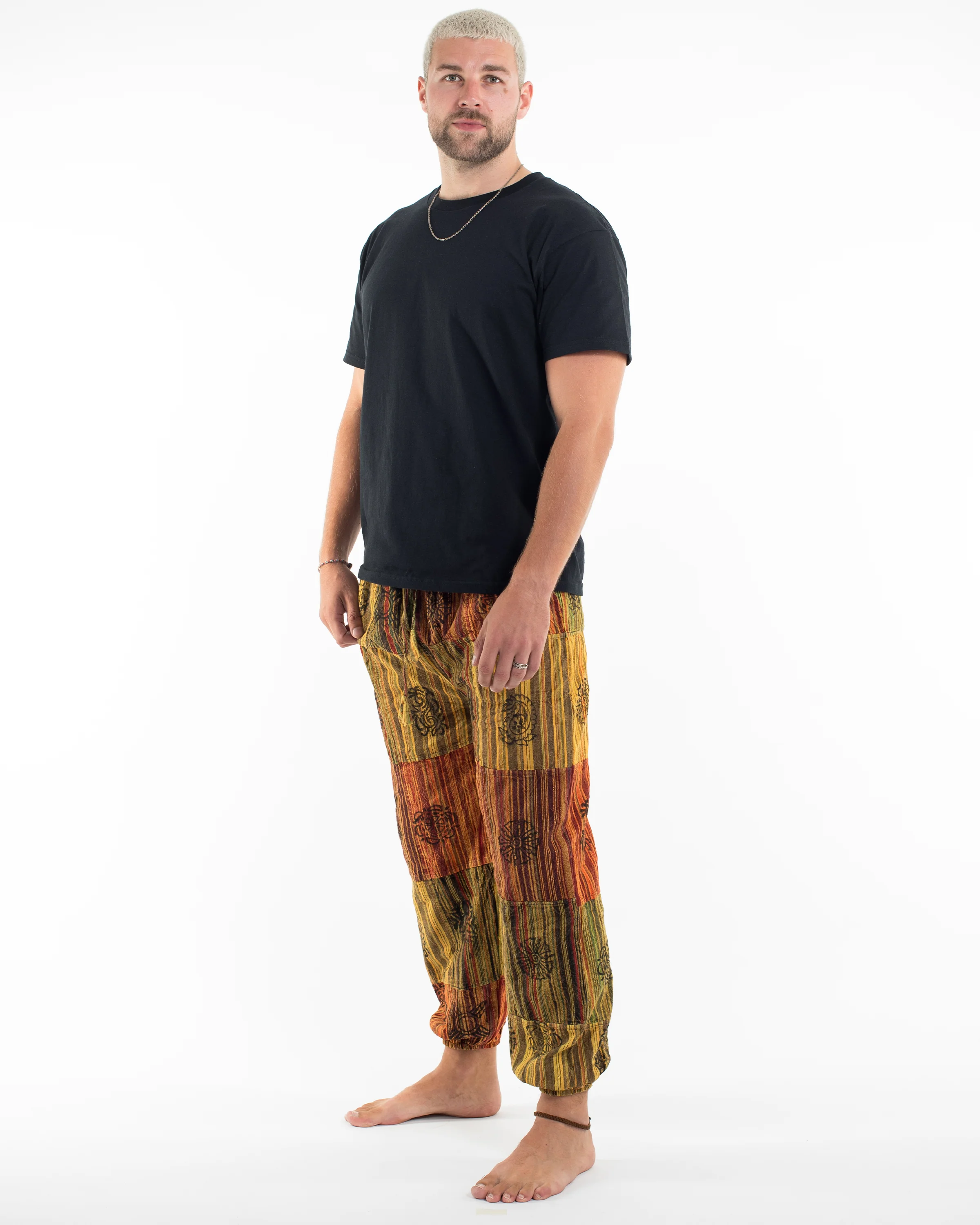 Men's Patchwork Block-Printed Harem Pants in Yellow - Image 2