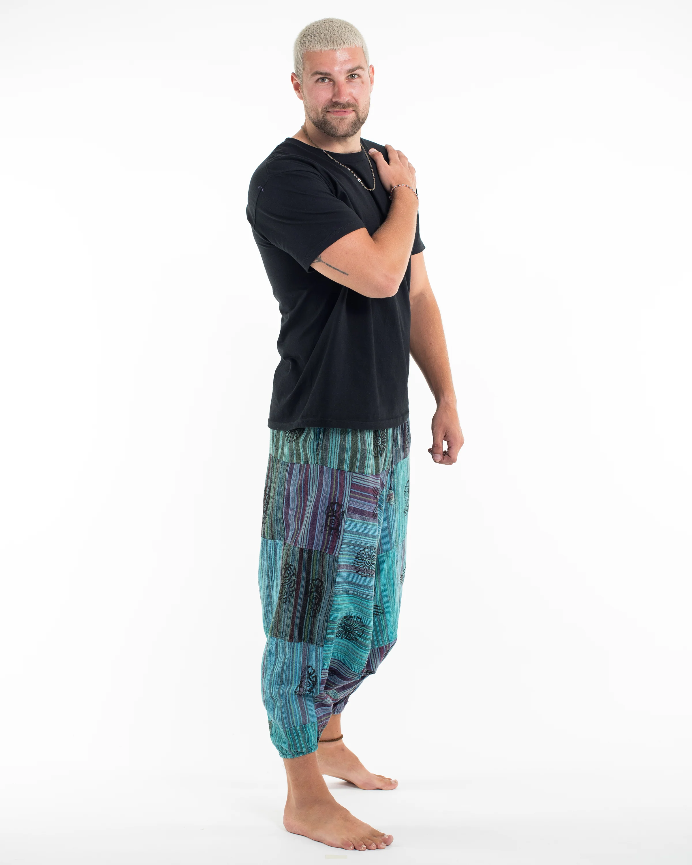 Men's Patchwork Block-Printed Low Cut Harem Pants in Blue - Image 2