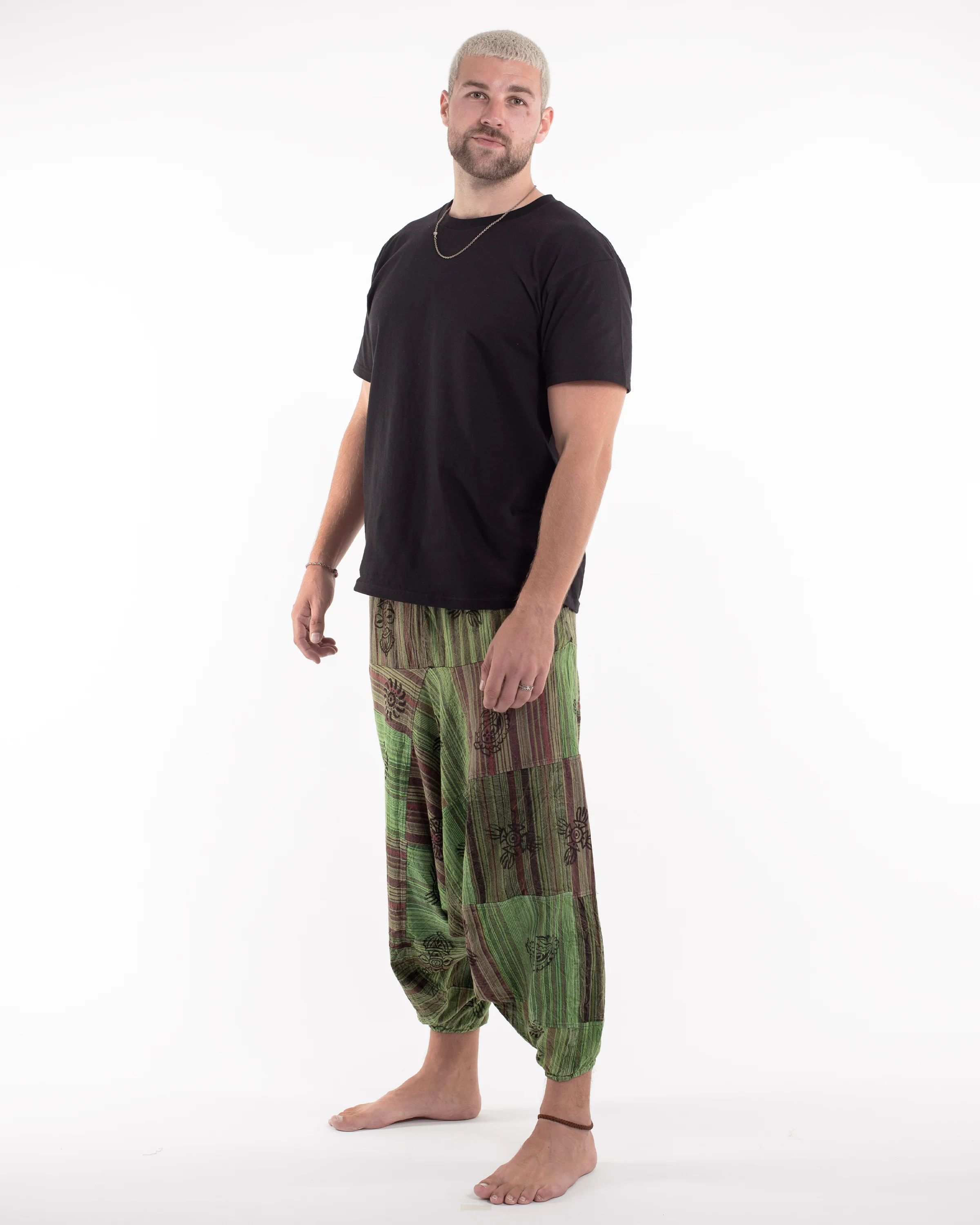 Men's Patchwork Block-Printed Low Cut Harem Pants in Green - Image 2