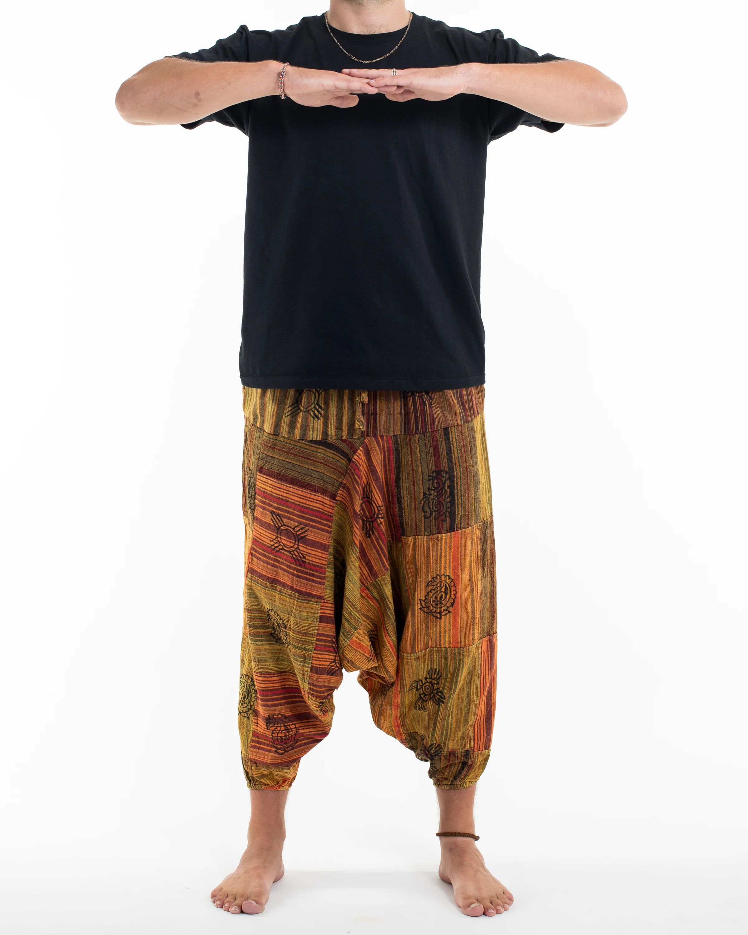 Men's Patchwork Block-Printed Low Cut Harem Pants in Orange - Image 3