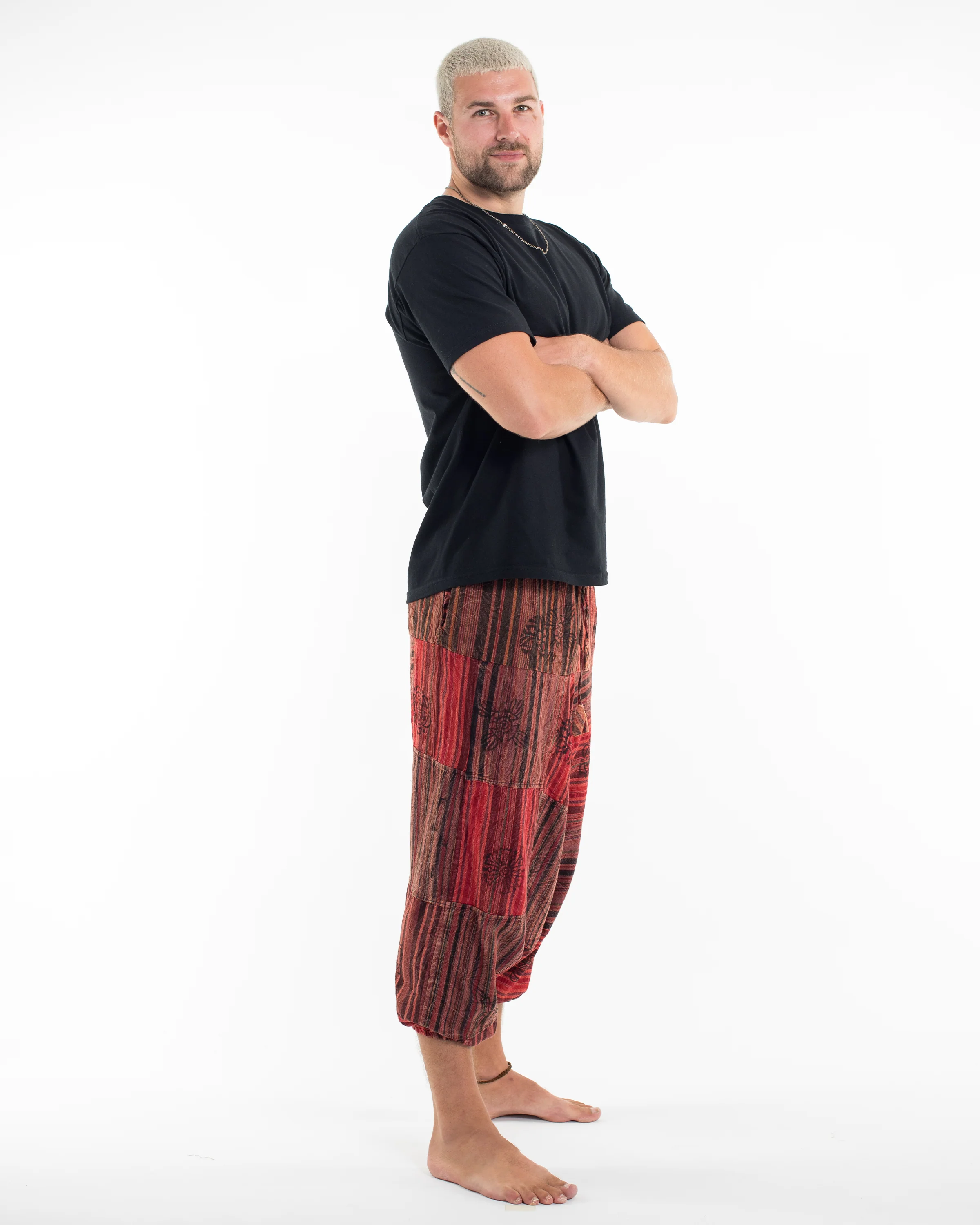 Men's Patchwork Block-Printed Low Cut Harem Pants in Red - Image 2