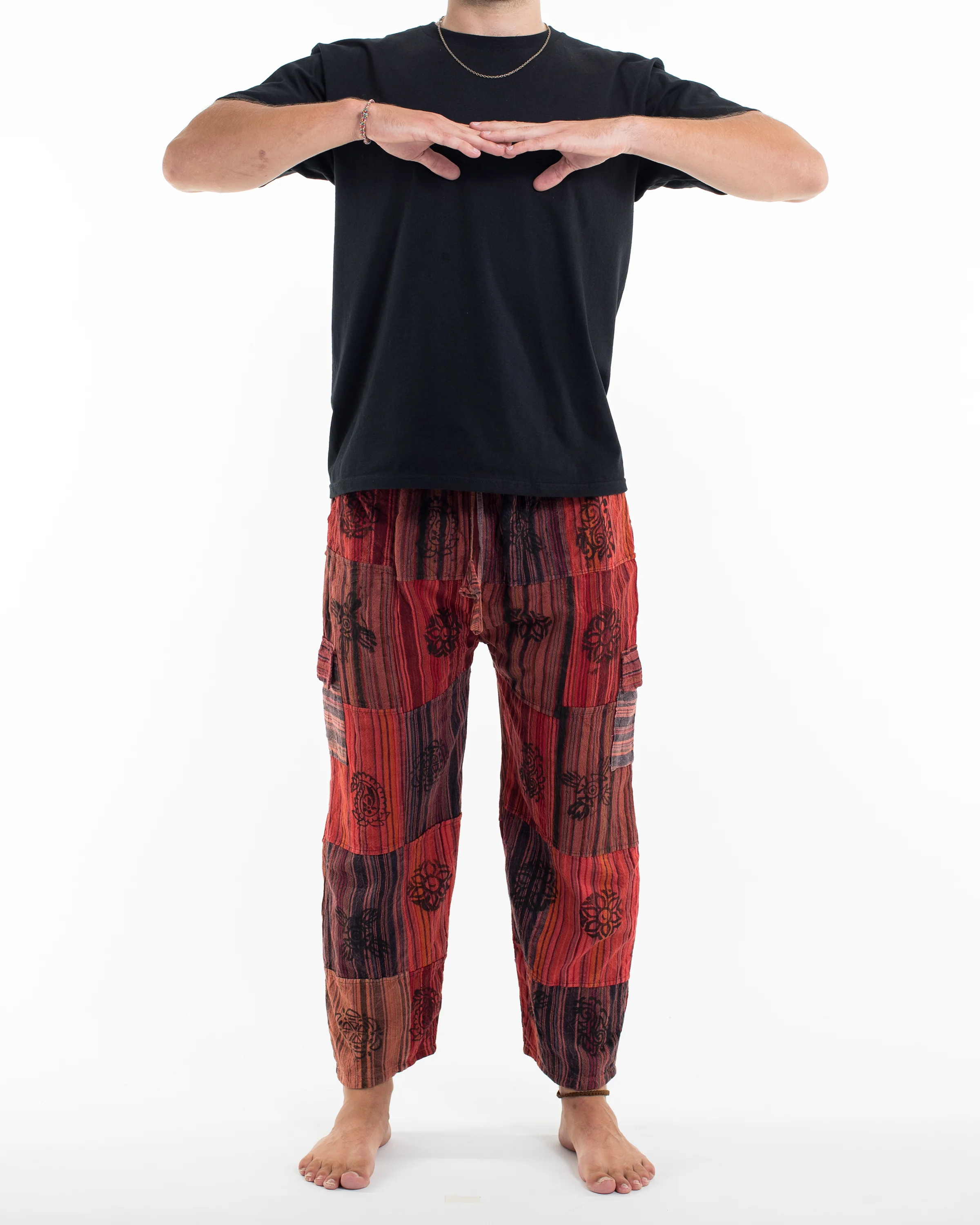 Men's Patchwork Block-Printed Pants in Red - Image 3