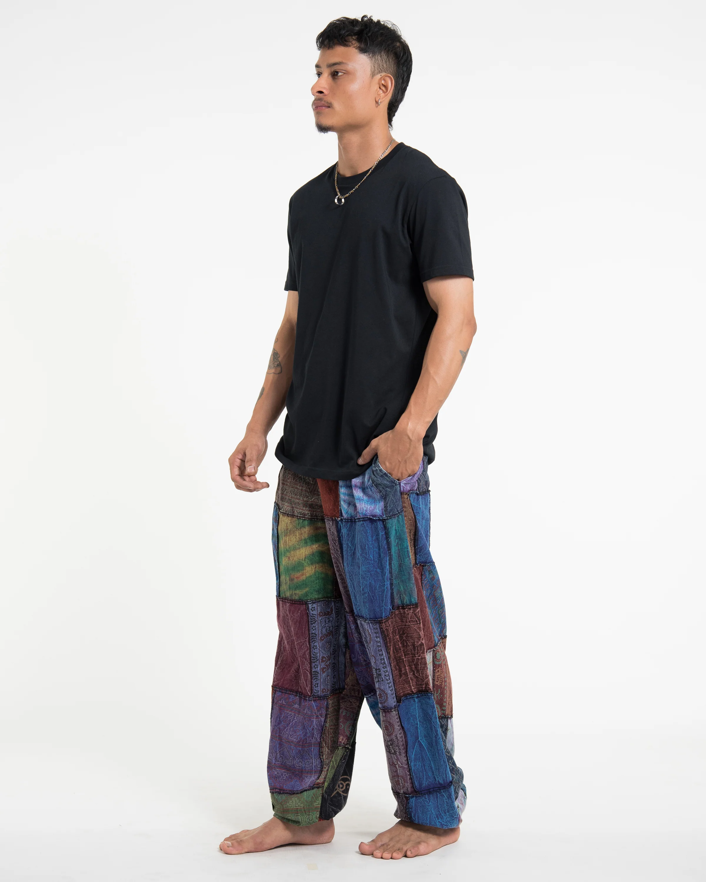 Men's Patchwork Stone Washed Balloon Cotton Pants in Blue - Image 3
