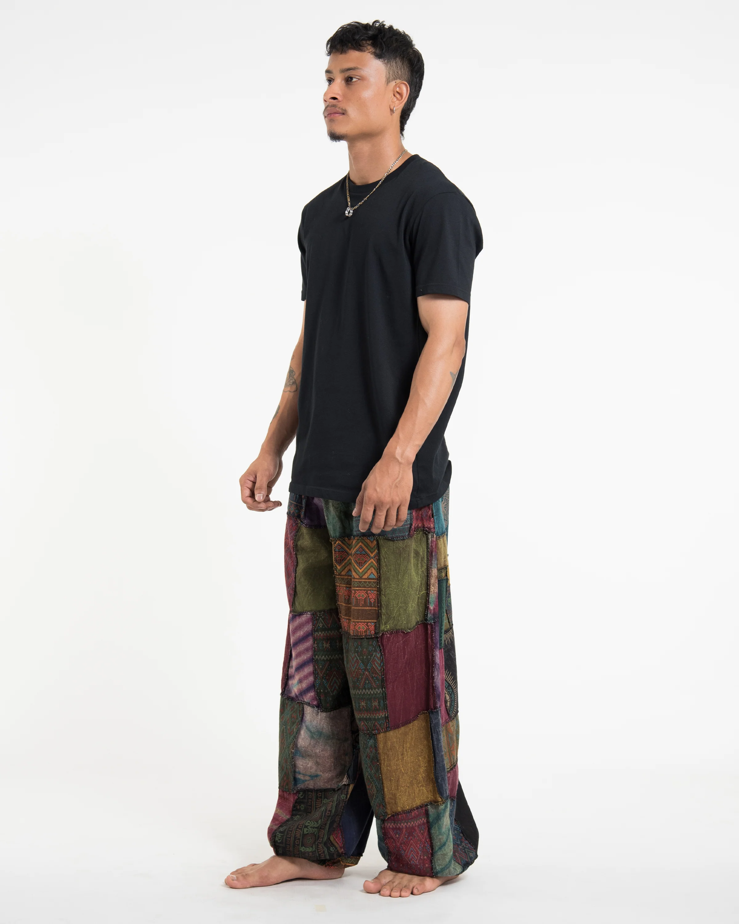 Men's Patchwork Stone Washed Balloon Cotton Pants in Brown - Image 3