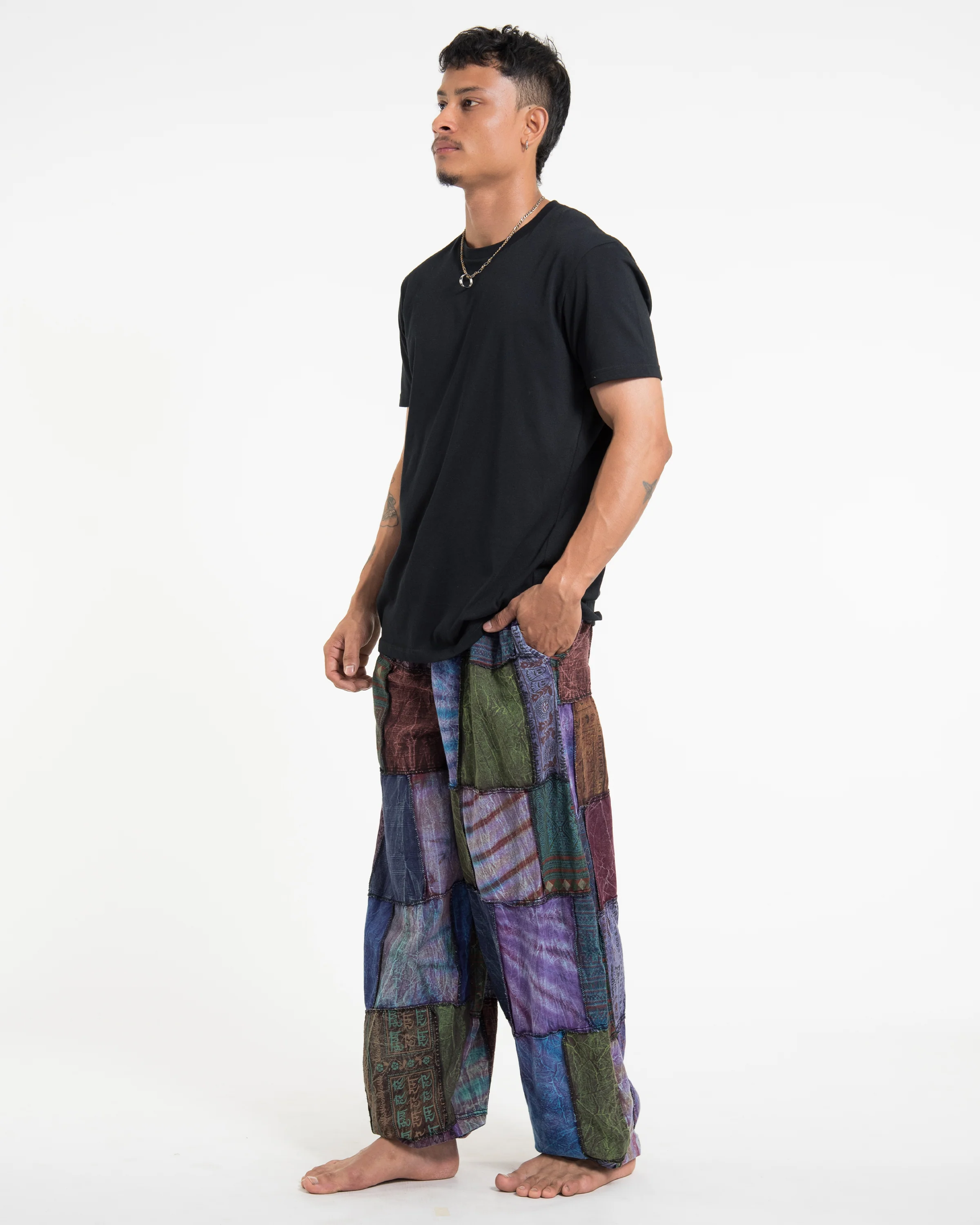 Men's Patchwork Stone Washed Balloon Cotton Pants in Purple - Image 3