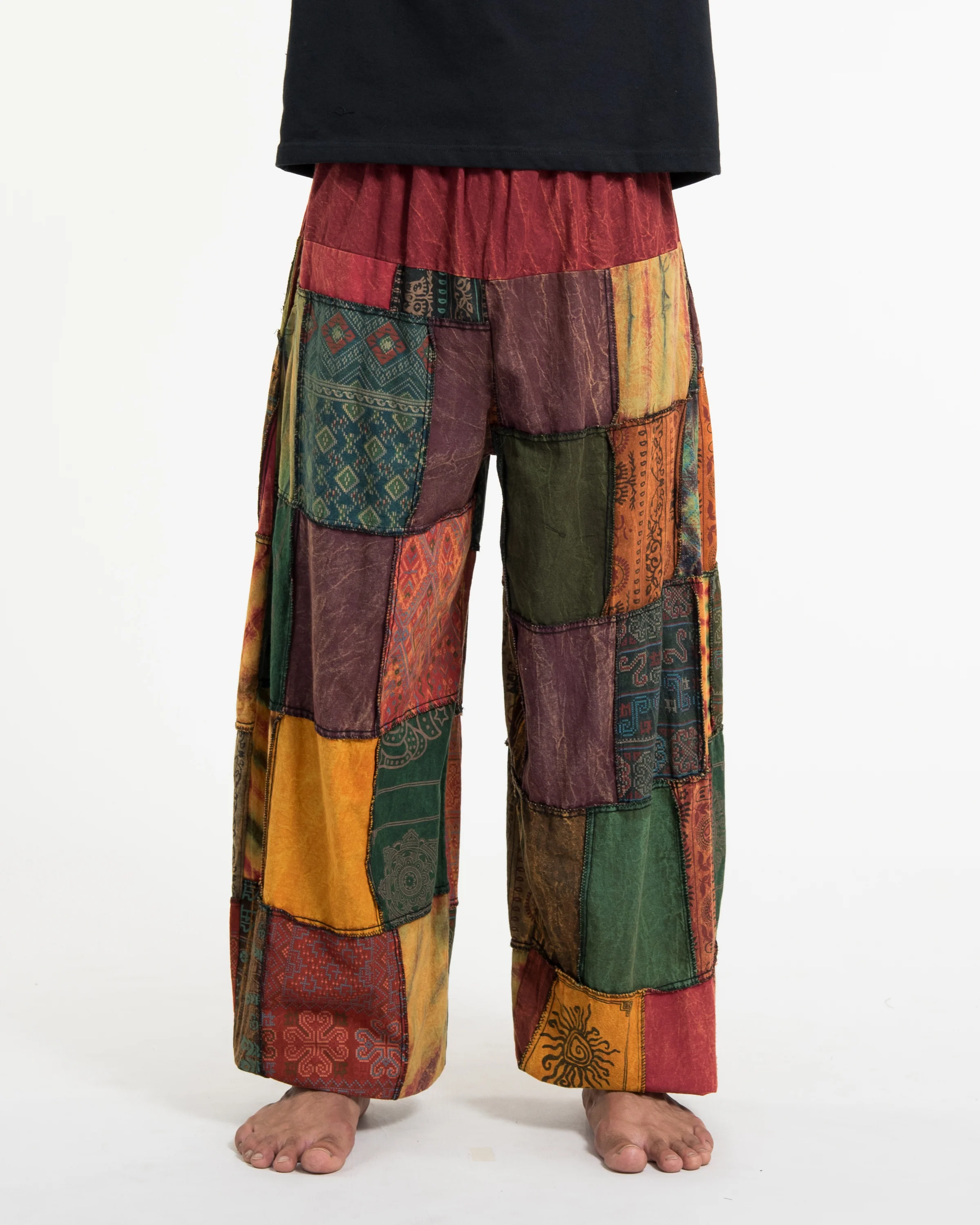 Men's Patchwork Stone Washed Balloon Cotton Pants in Red - Image 2