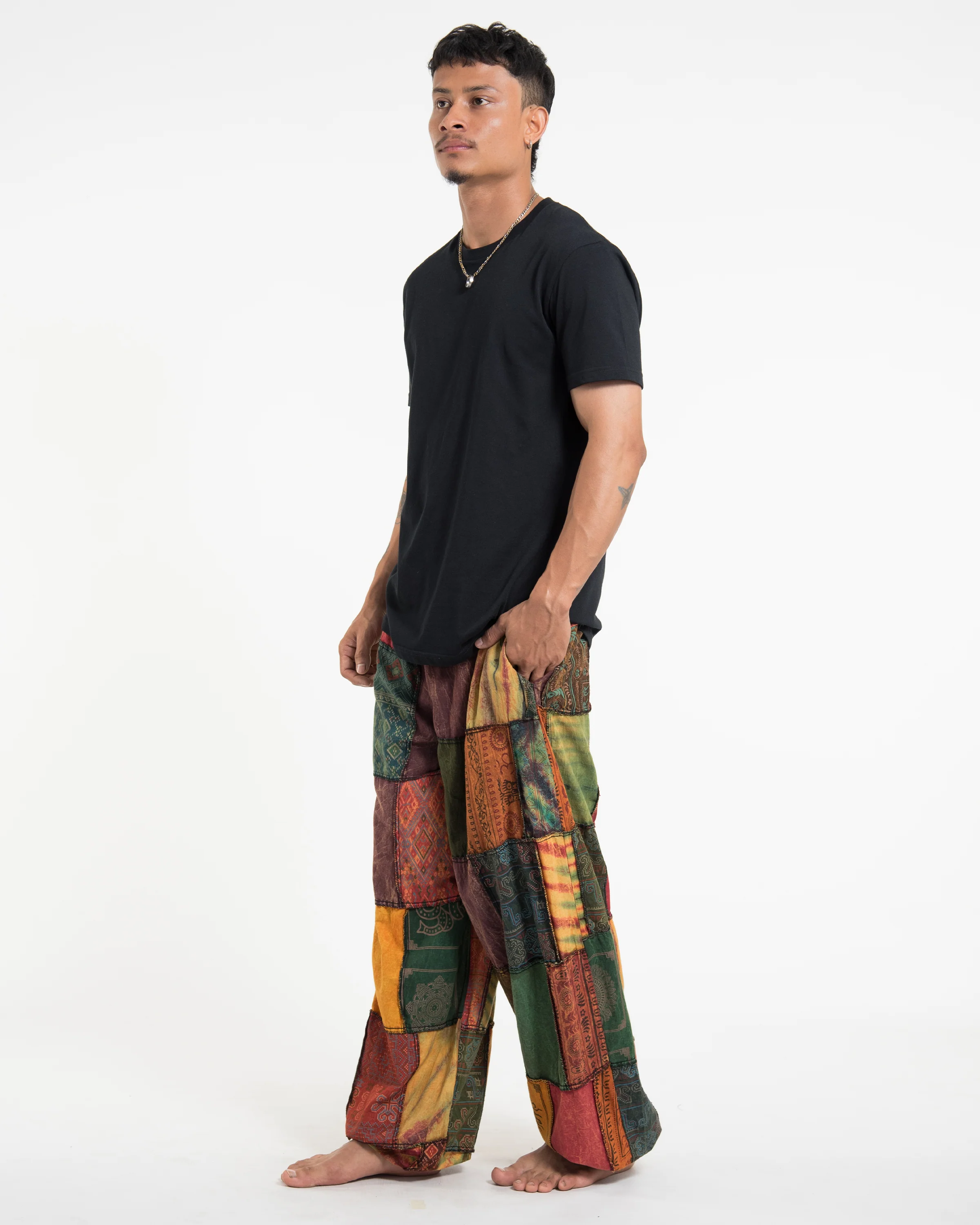 Men's Patchwork Stone Washed Balloon Cotton Pants in Red - Image 3