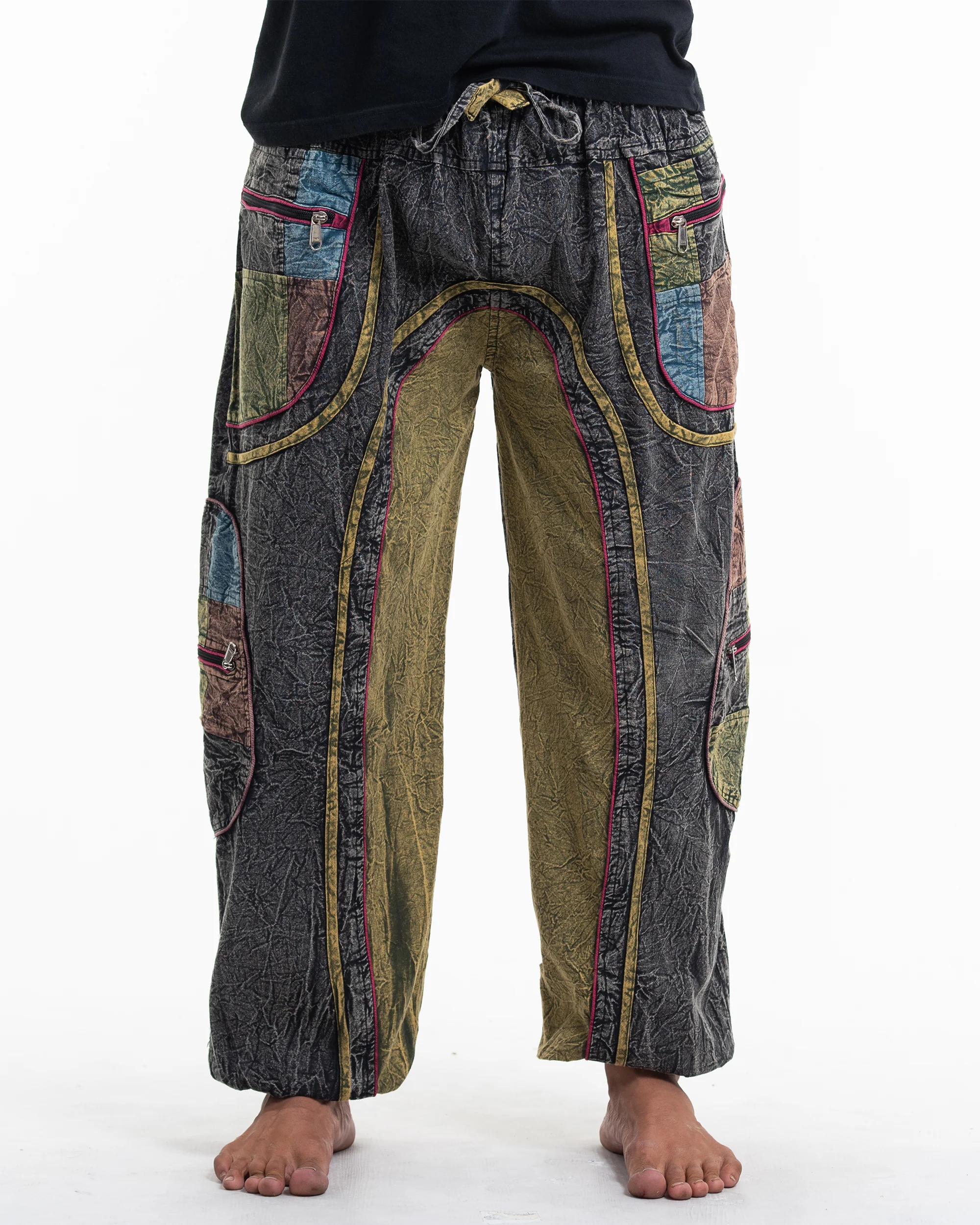 Men's Patchwork Stone Washed Cargo Cotton Pants in Black 01 - Image 2