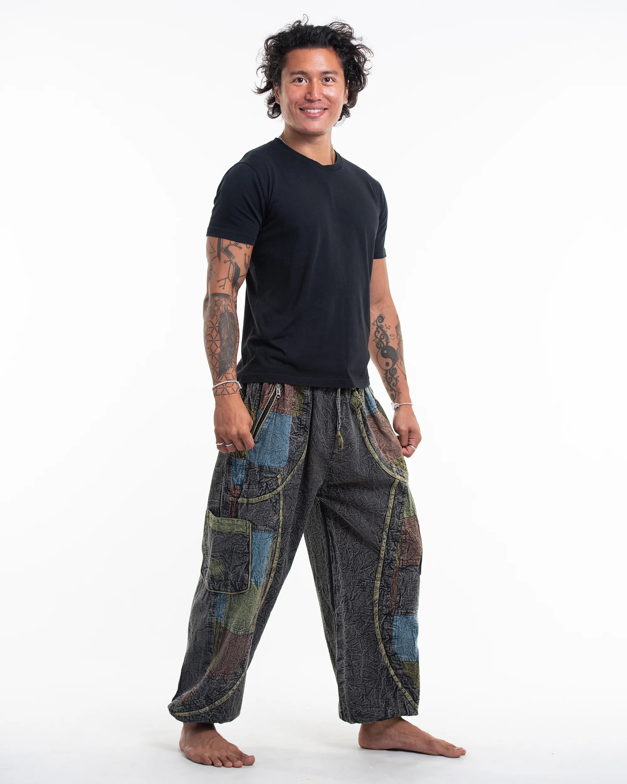 Men's Patchwork Stone Washed Cargo Cotton Pants in Black 02 - Image 3