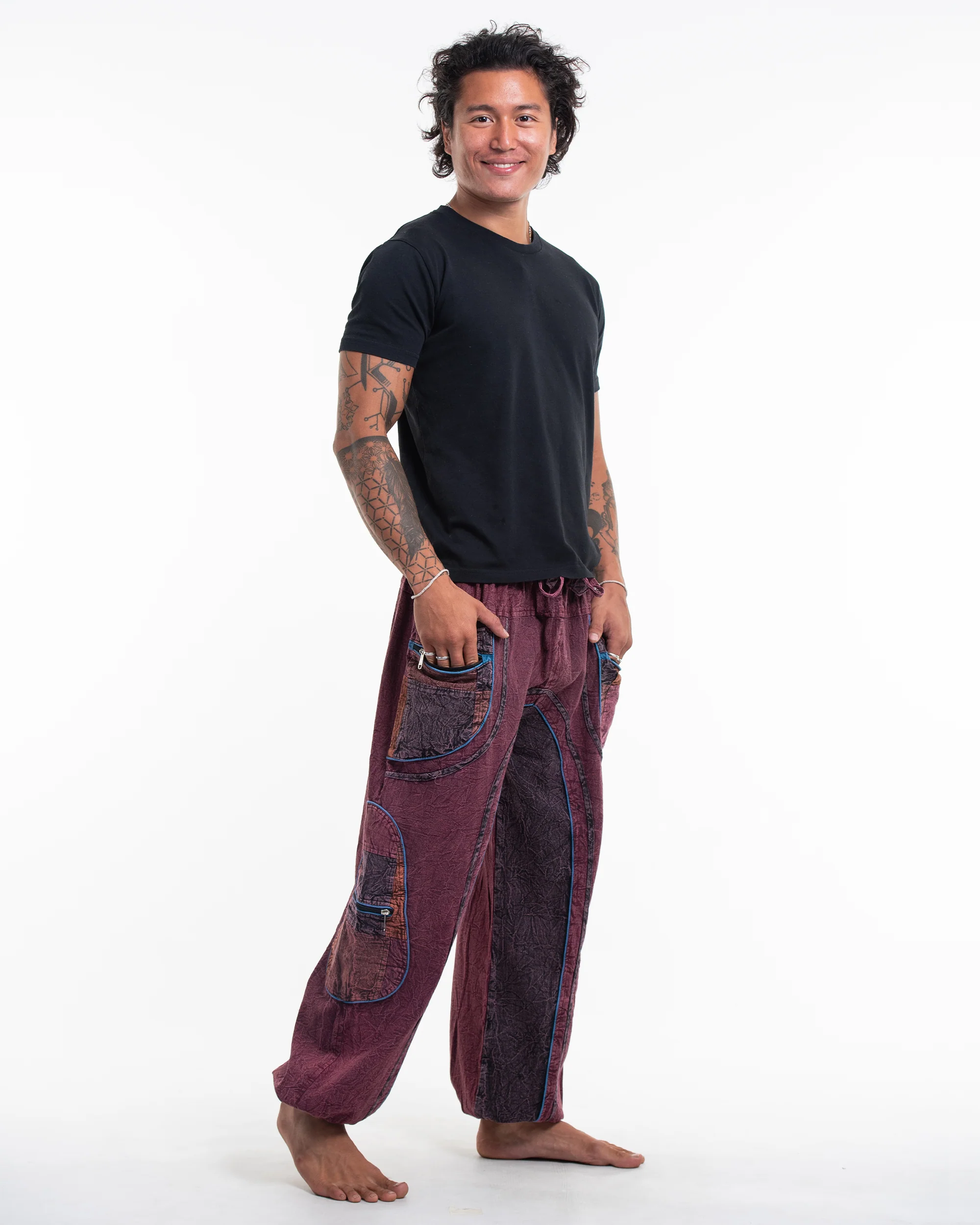 Men's Patchwork Stone Washed Cargo Cotton Pants in Maroon 01 - Image 3