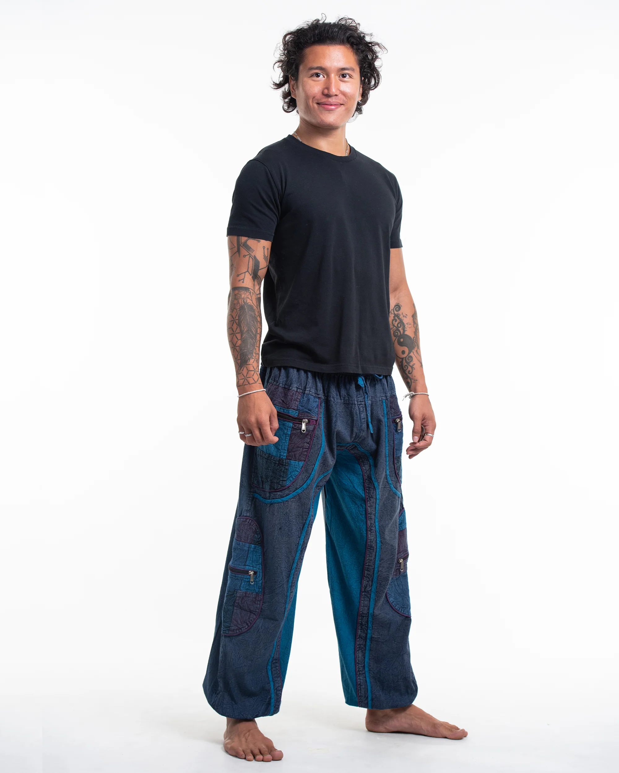 Men's Patchwork Stone Washed Cargo Cotton Pants in Navy 01 - Image 3