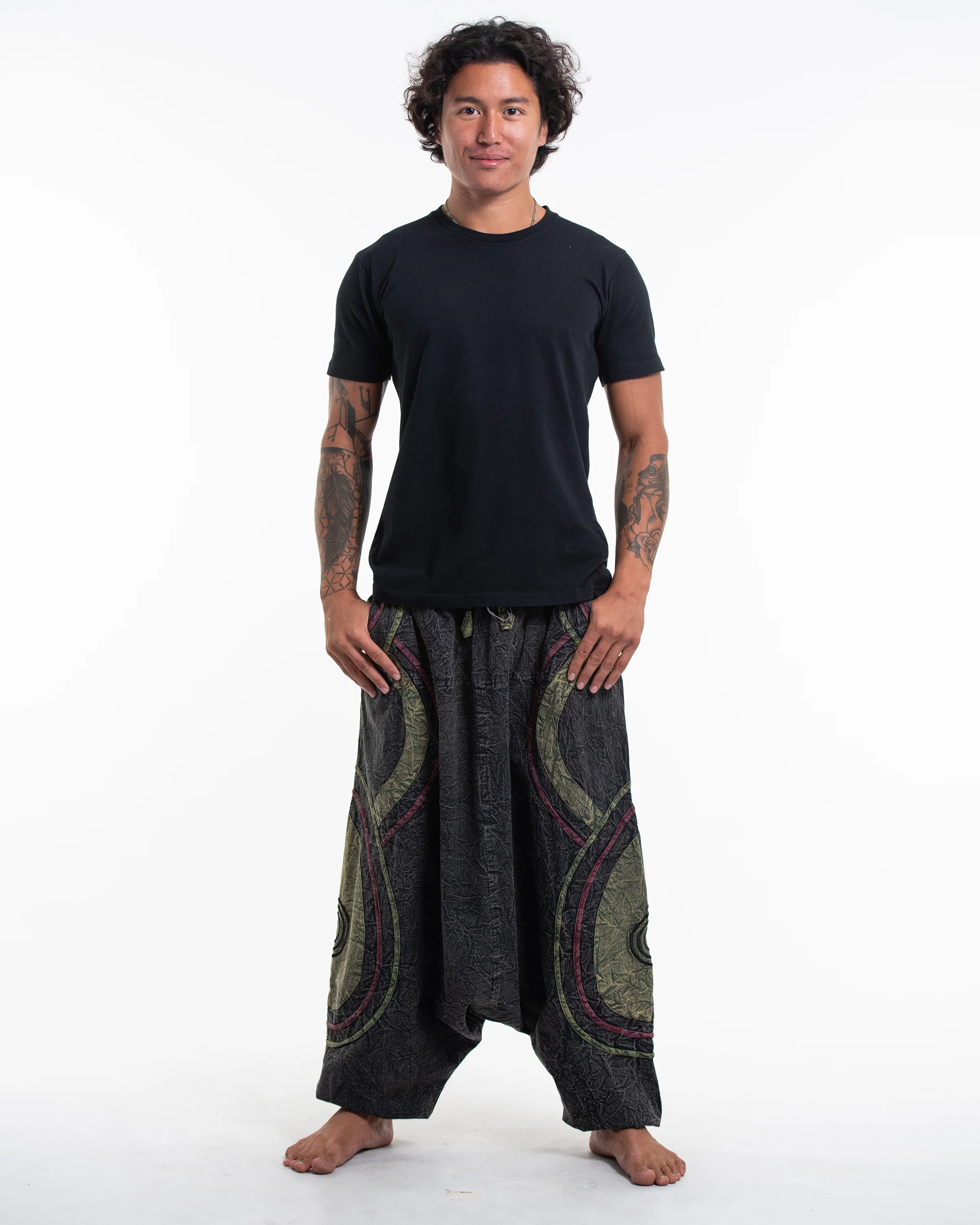 Men's Patchwork Stone Washed Low Cut Cotton Pants in Black 01