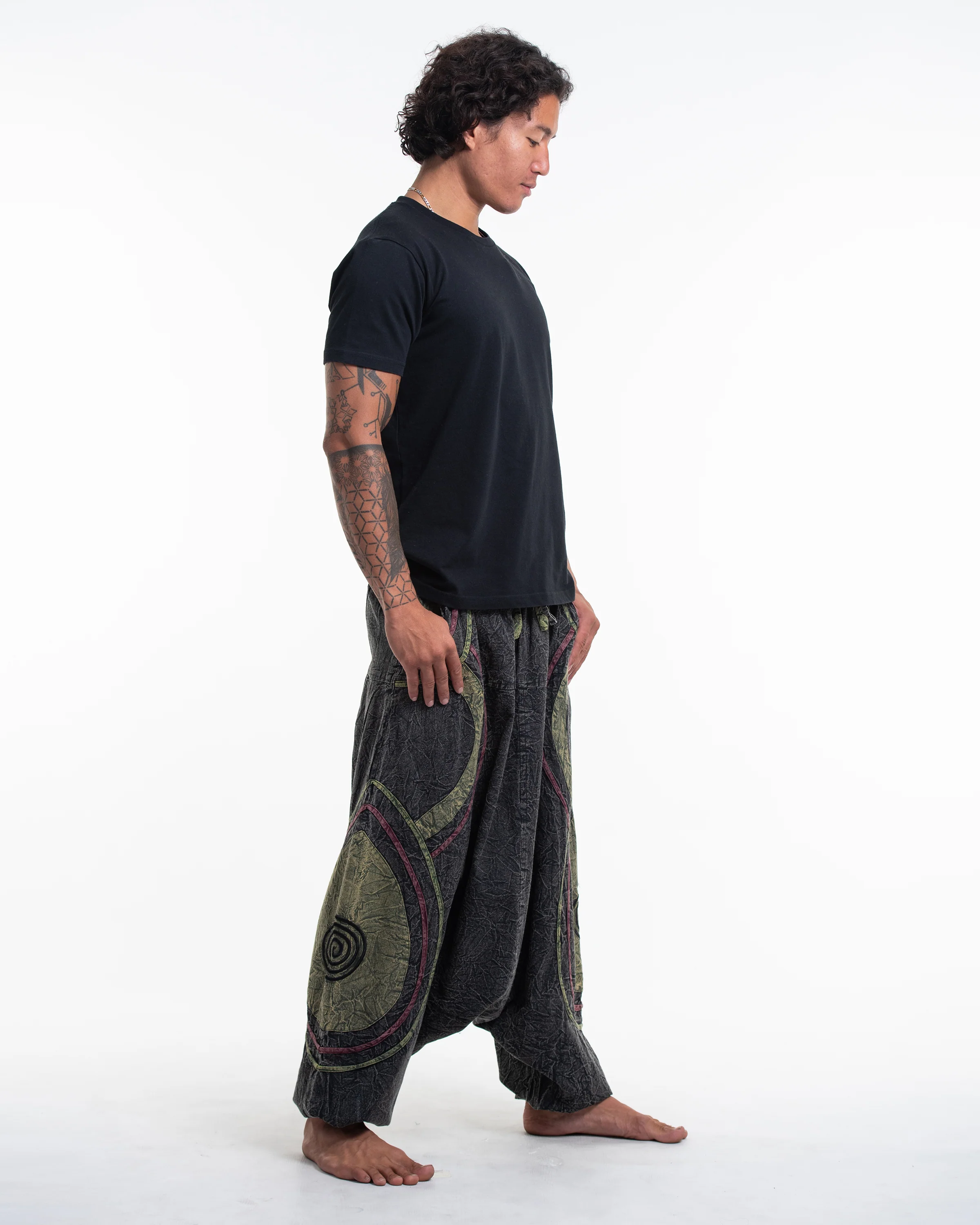 Men's Patchwork Stone Washed Low Cut Cotton Pants in Black 01 - Image 3