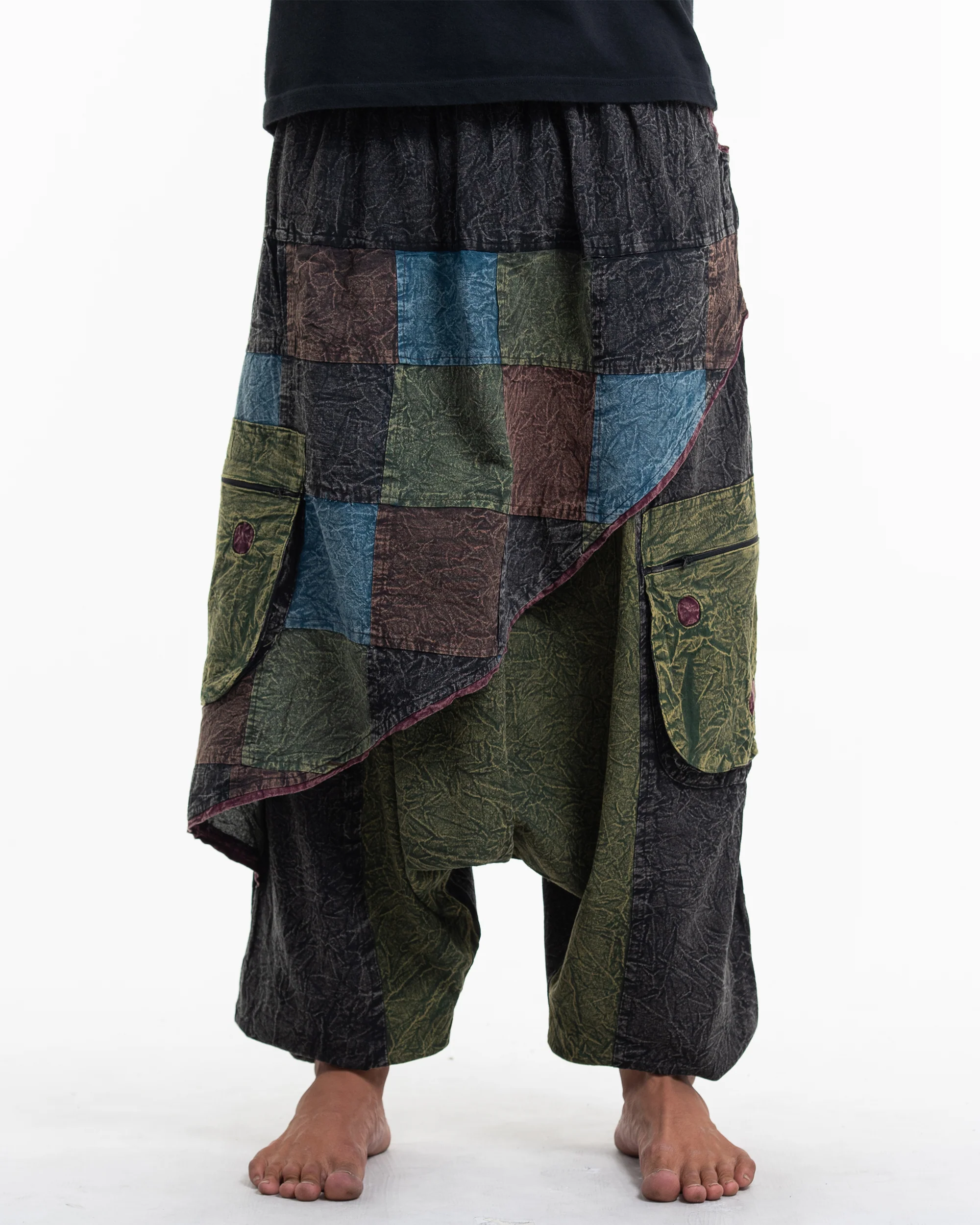Men's Patchwork Stone Washed Low Cut Cotton Pants in Black 02 - Image 2