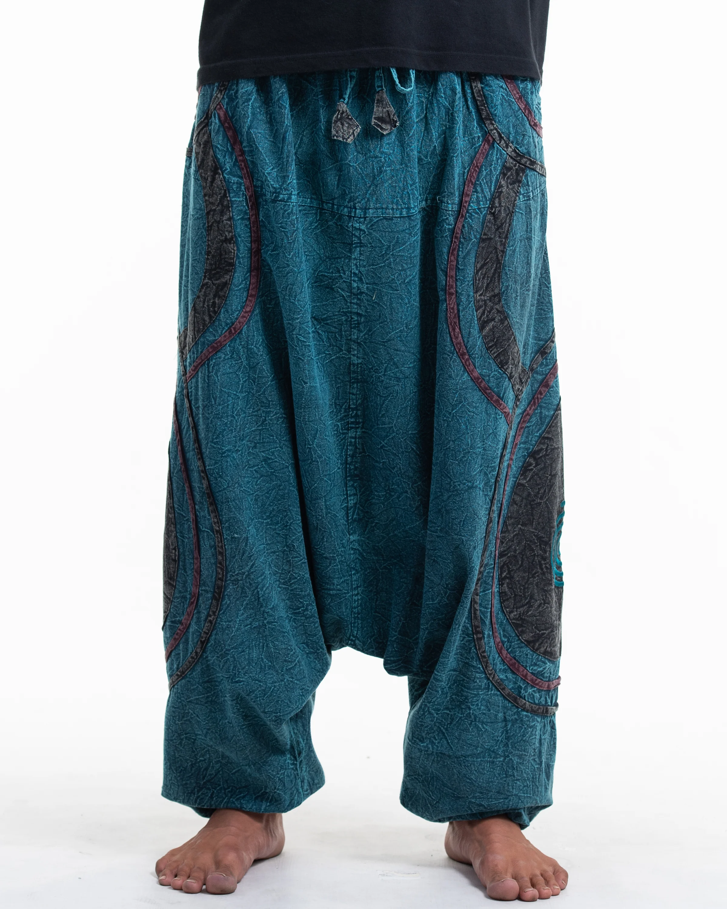 Men's Patchwork Stone Washed Low Cut Cotton Pants in Blue 01 - Image 2