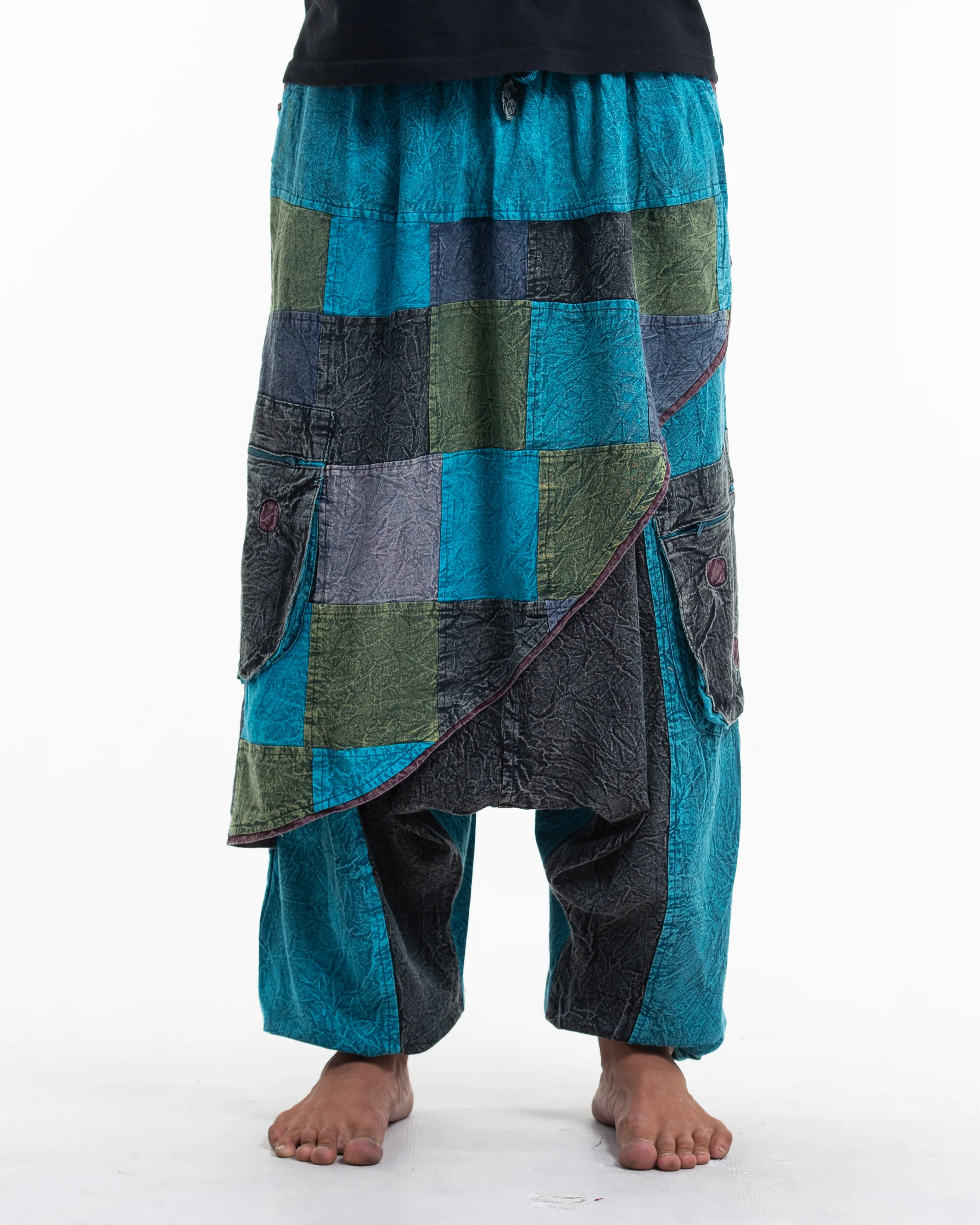 Men's Patchwork Stone Washed Low Cut Cotton Pants in Blue 02 - Image 2