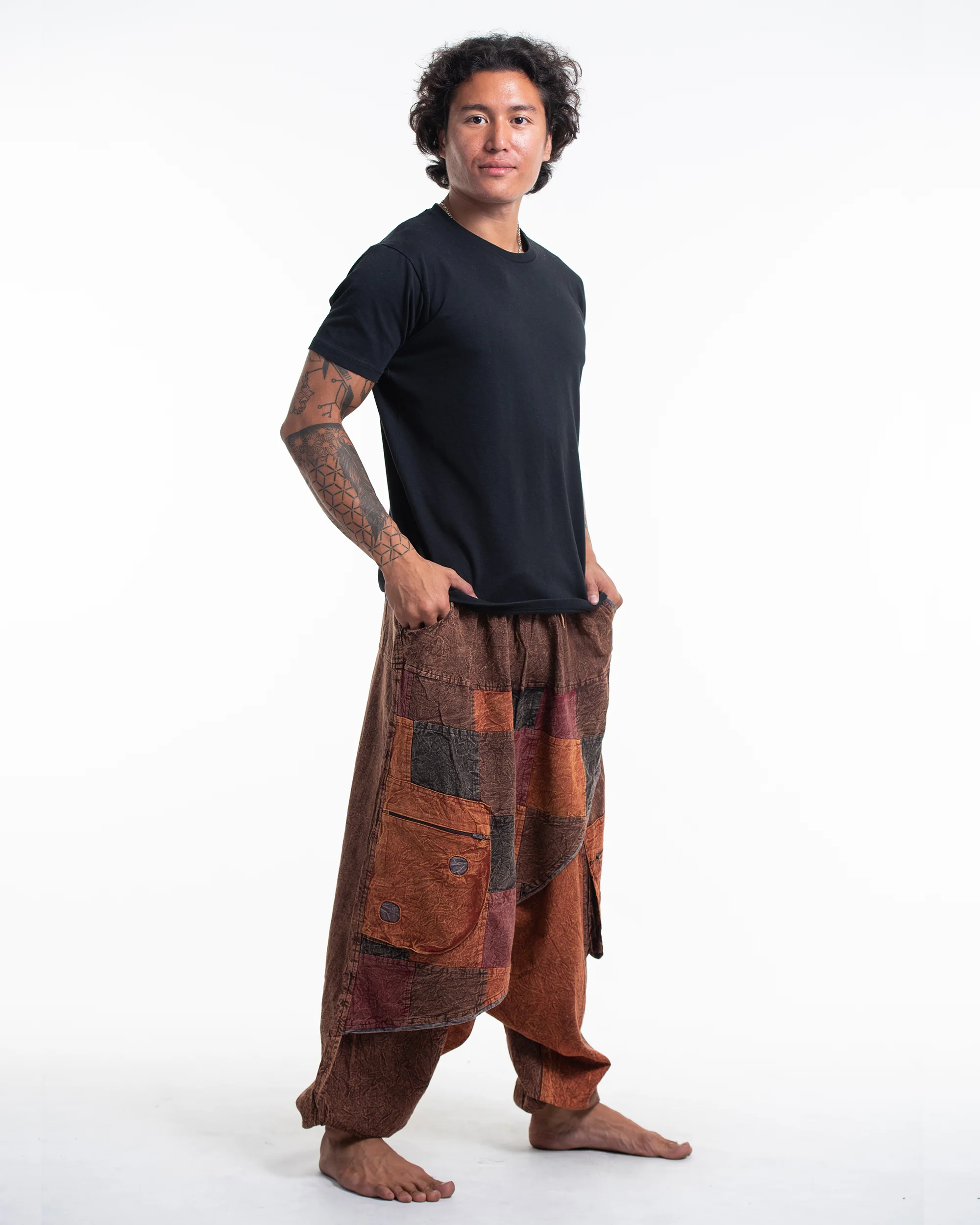 Men's Patchwork Stone Washed Low Cut Cotton Pants in Brown 02 - Image 3