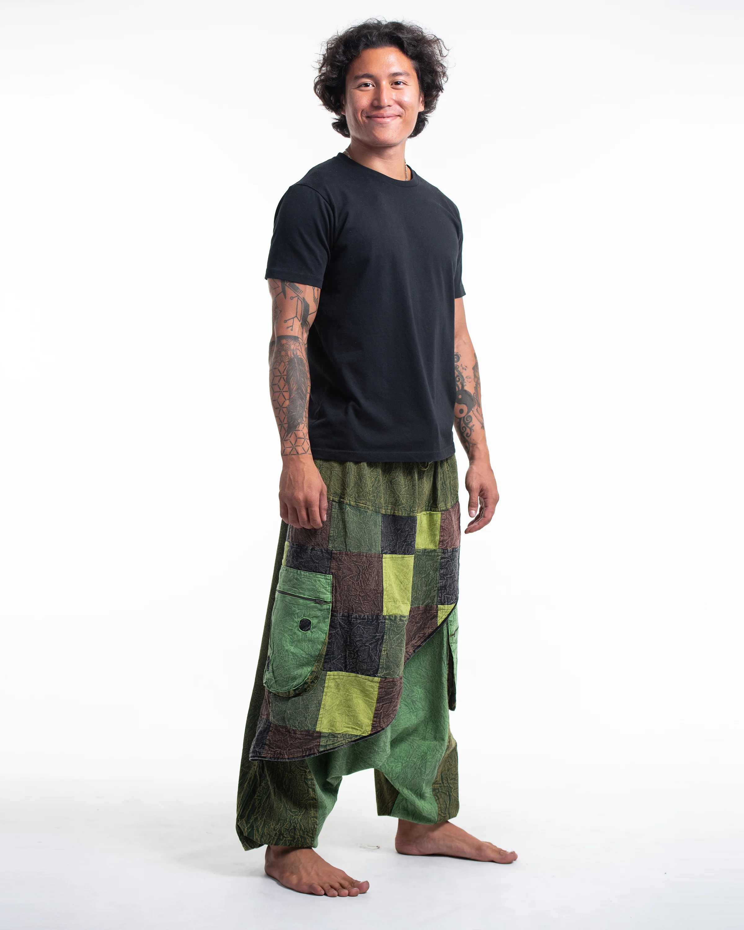 Men's Patchwork Stone Washed Low Cut Cotton Pants in Green 02 - Image 3
