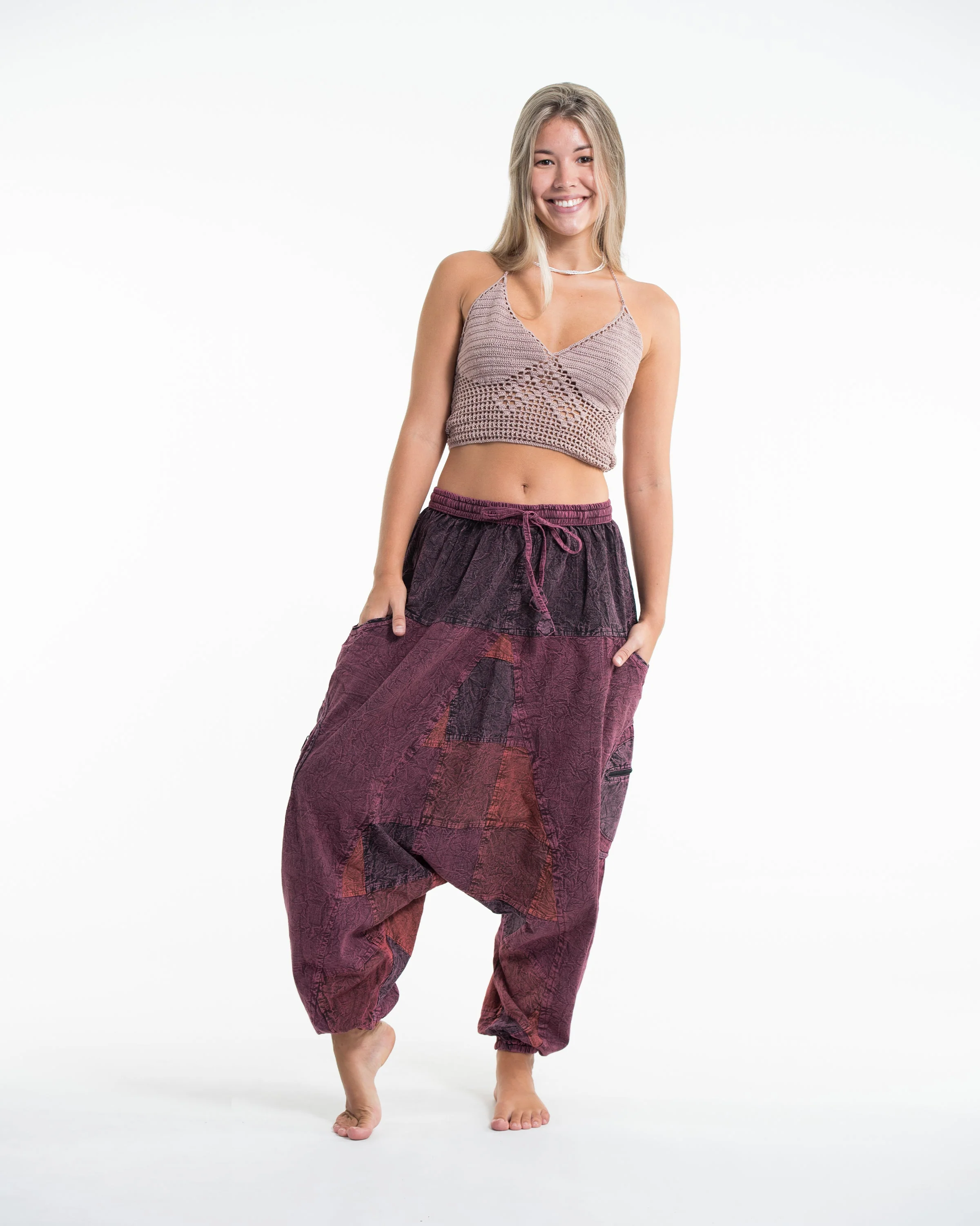 Mens Patchwork Stone Washed Low Cut Cotton Pants in Maroon 03 - Image 2
